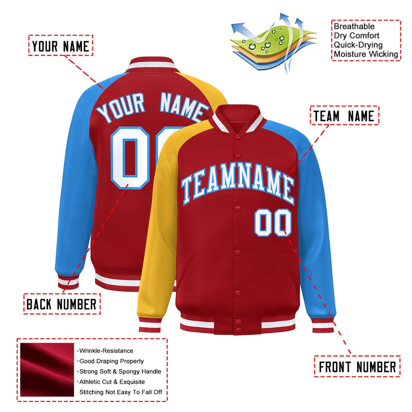 Custom Red Powder Blue-Gold Raglan Sleeves Varsity Full-Snap Letterman Jacket