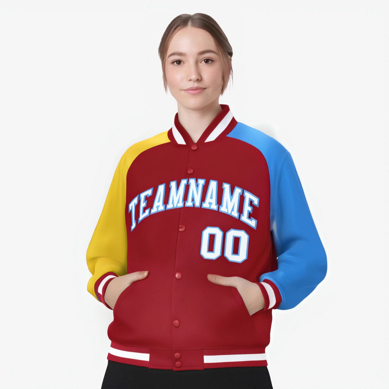 Custom Red Powder Blue-Gold Raglan Sleeves Varsity Full-Snap Letterman Jacket
