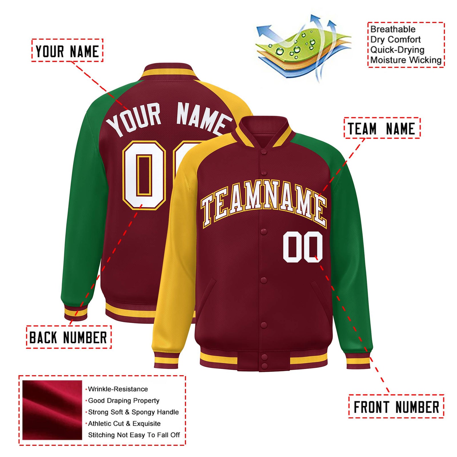 Custom Crimson Kelly Green-Gold Raglan Sleeves Varsity Full-Snap Letterman Jacket