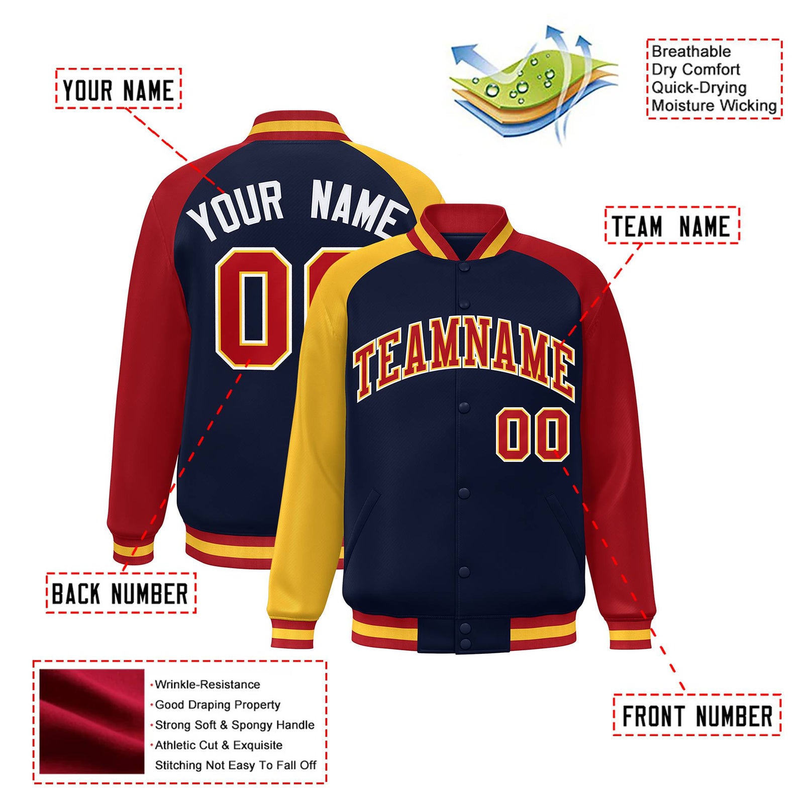 Custom Navy Red-Gold Raglan Sleeves Varsity Full-Snap Letterman Jacket