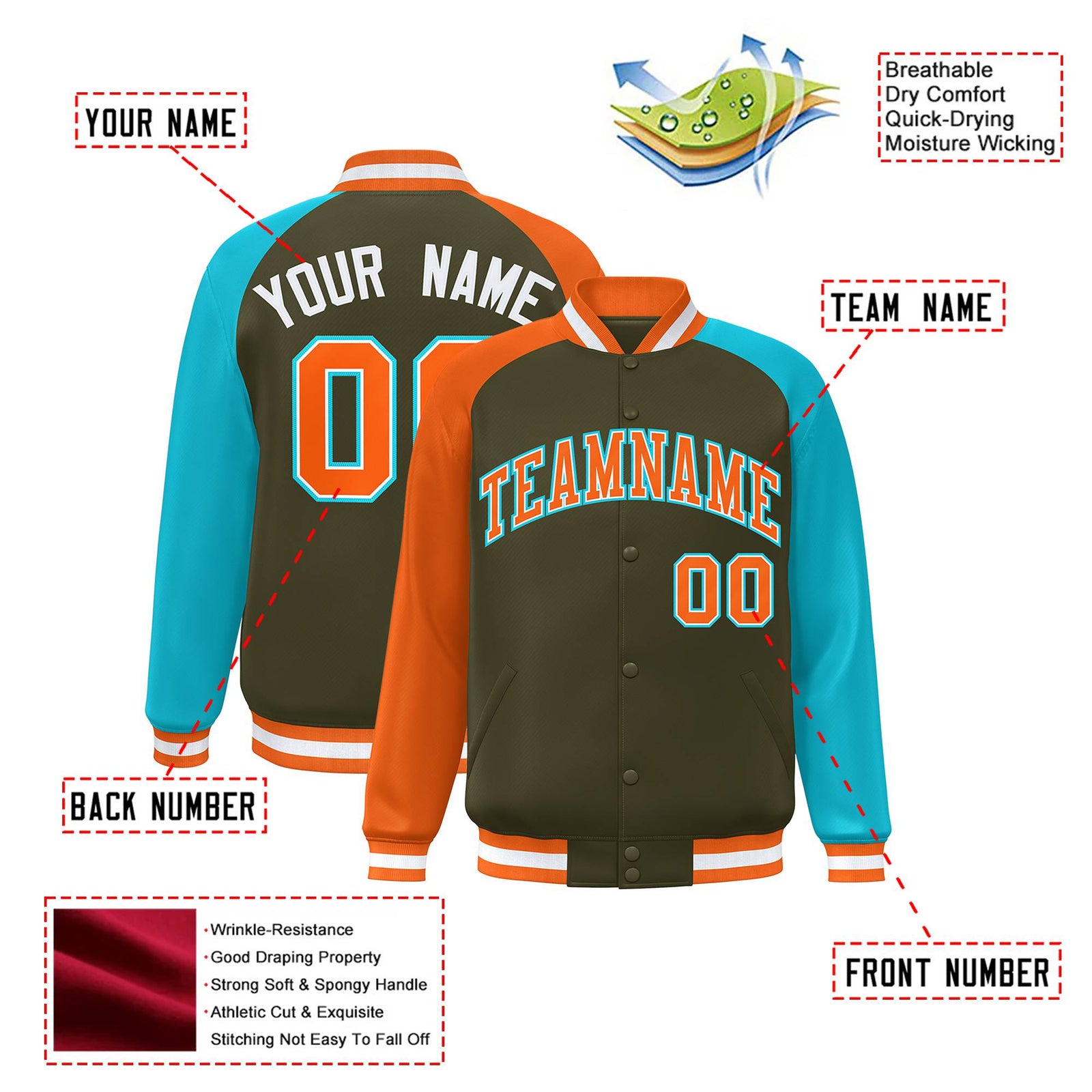Custom Olive Aqua-Orange Raglan Sleeves Varsity Full-Snap Letterman Jacket