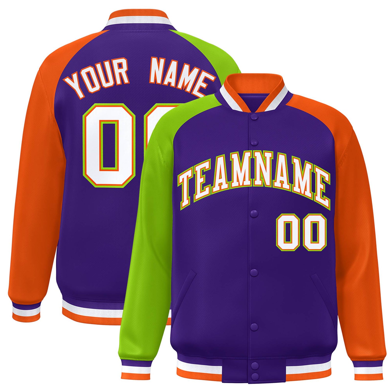 Custom Purple Orange-Neon Green Raglan Sleeves Varsity Full-Snap Letterman Jacket