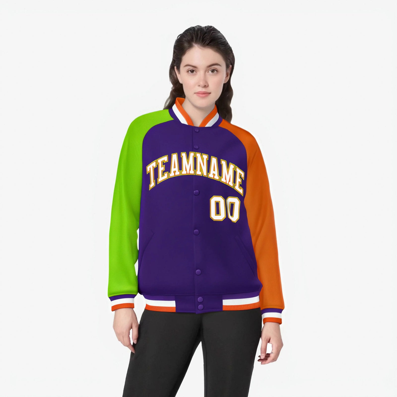 Custom Purple Orange-Neon Green Raglan Sleeves Varsity Full-Snap Letterman Jacket