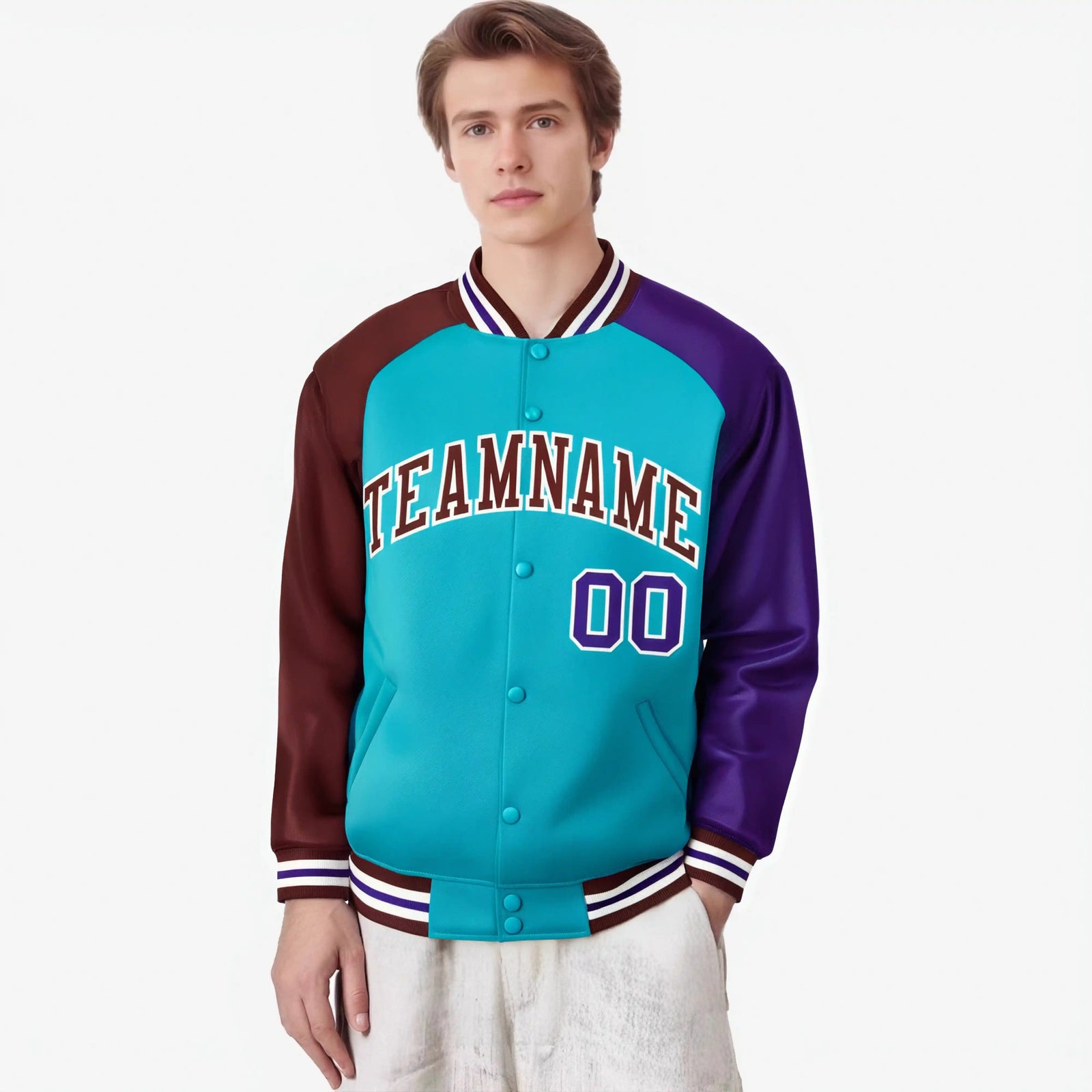 Custom Aqua Crimson-Purple Raglan Sleeves Varsity Full-Snap Letterman Jacket