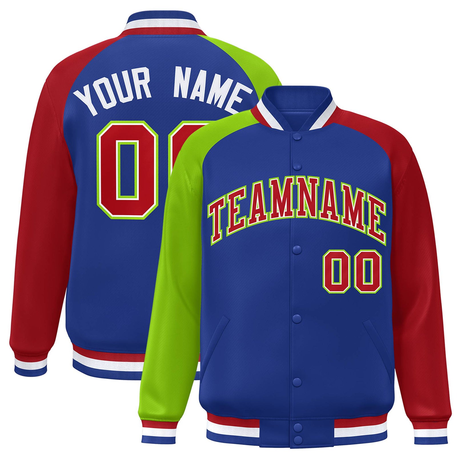 Custom Royal Blue Red-Neon Green Raglan Sleeves Varsity Full-Snap Letterman Jacket