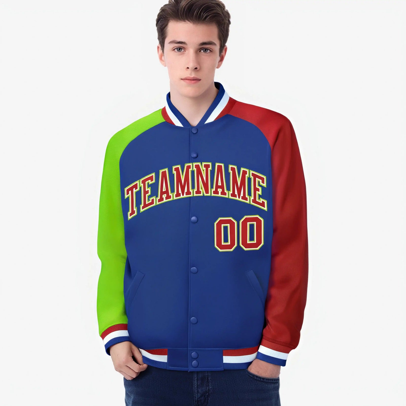 Custom Royal Blue Red-Neon Green Raglan Sleeves Varsity Full-Snap Letterman Jacket