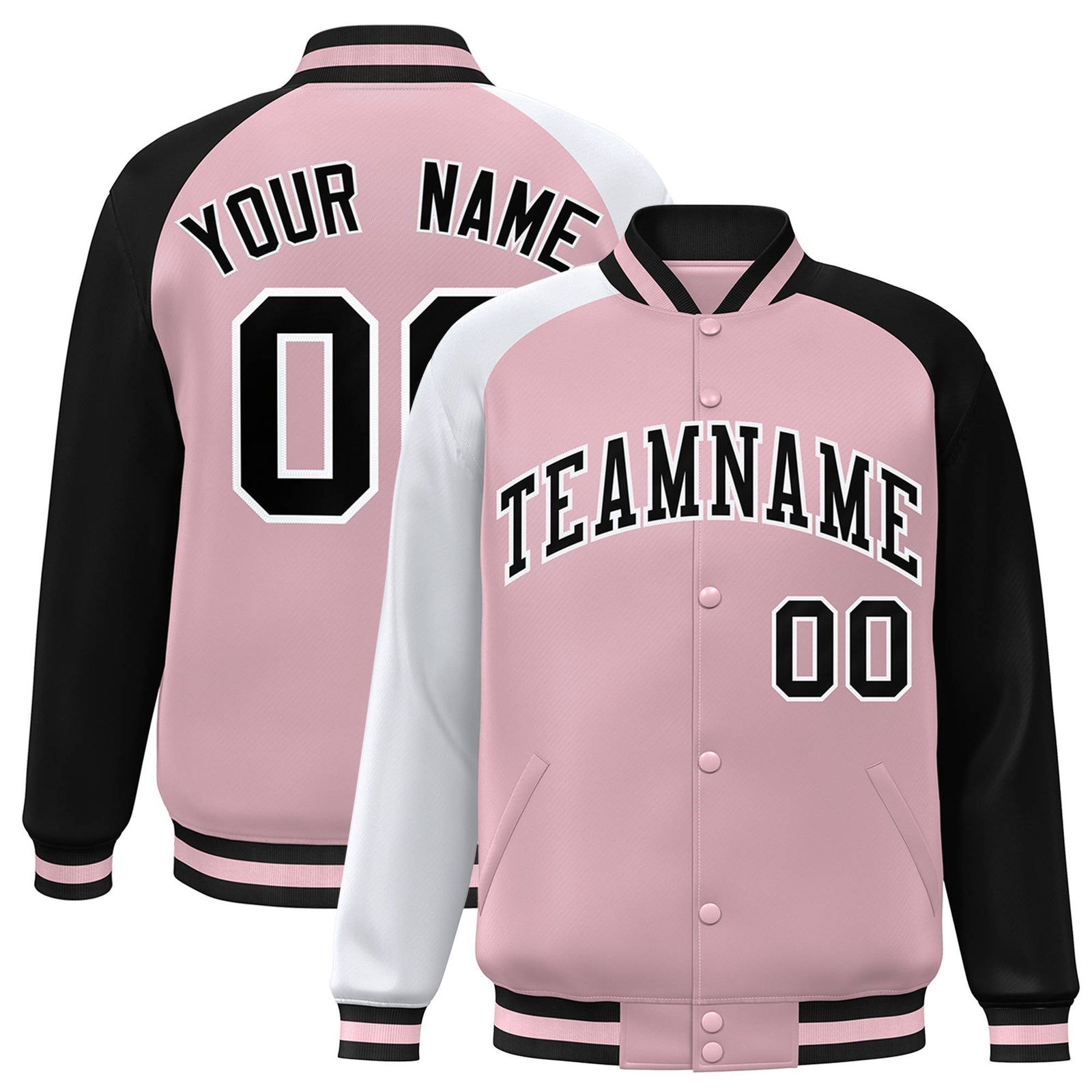 Custom Pink Black-White Raglan Sleeves Varsity Full-Snap Letterman Jacket