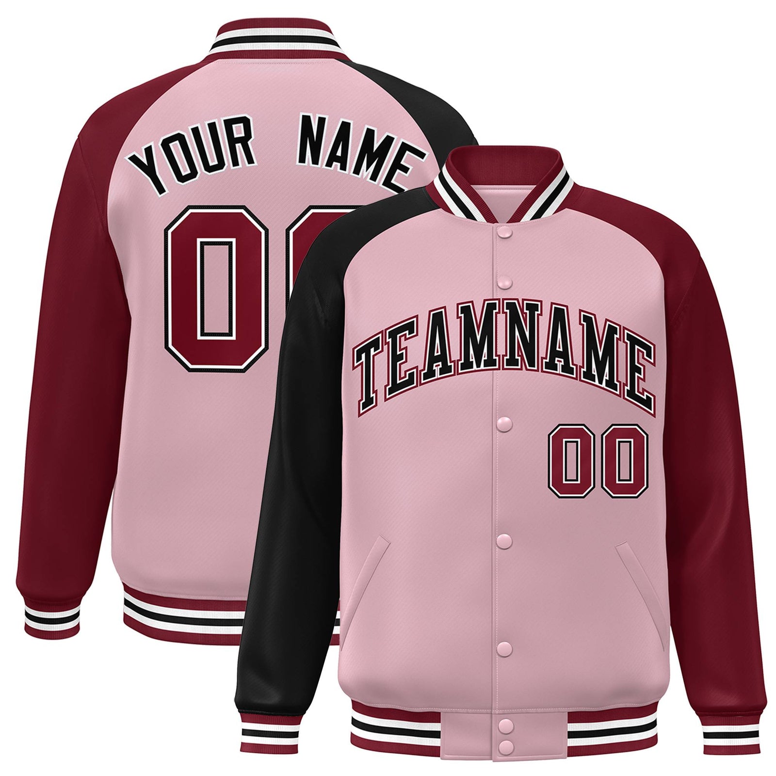 Custom Pink Crimson-Black Raglan Sleeves Varsity Full-Snap Letterman Jacket
