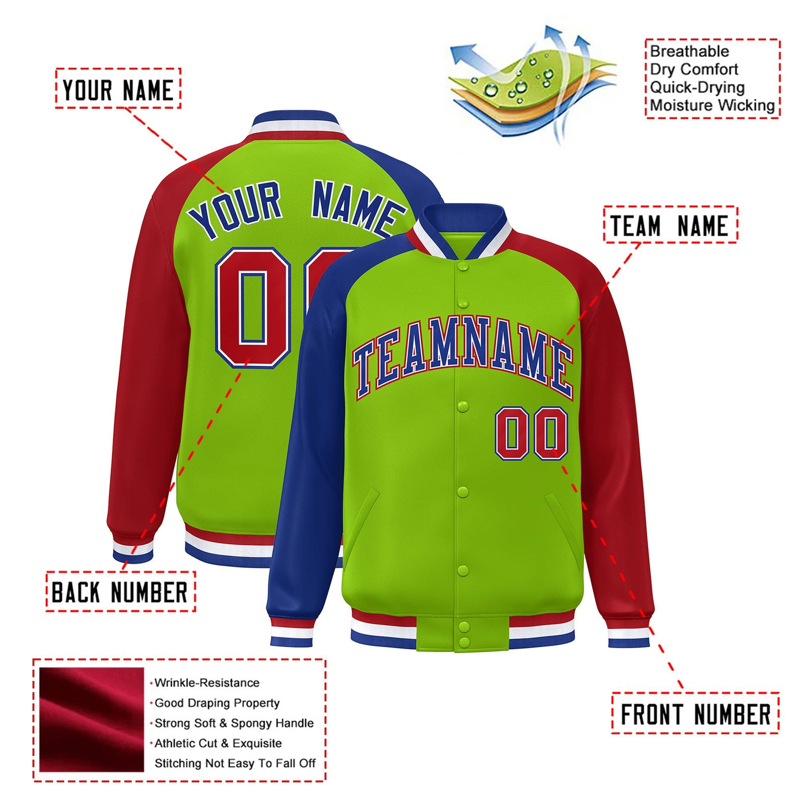 Custom Neon Green Red-Royal Blue Raglan Sleeves Varsity Full-Snap Letterman Jacket