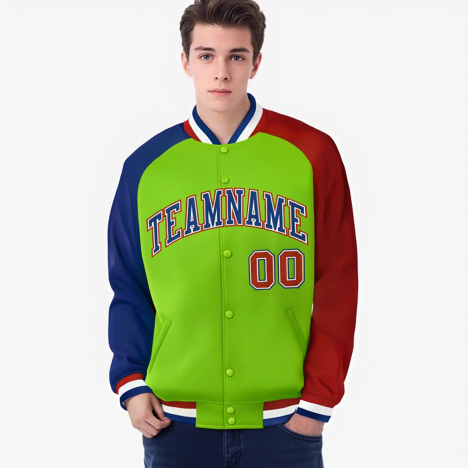 Custom Neon Green Red-Royal Blue Raglan Sleeves Varsity Full-Snap Letterman Jacket