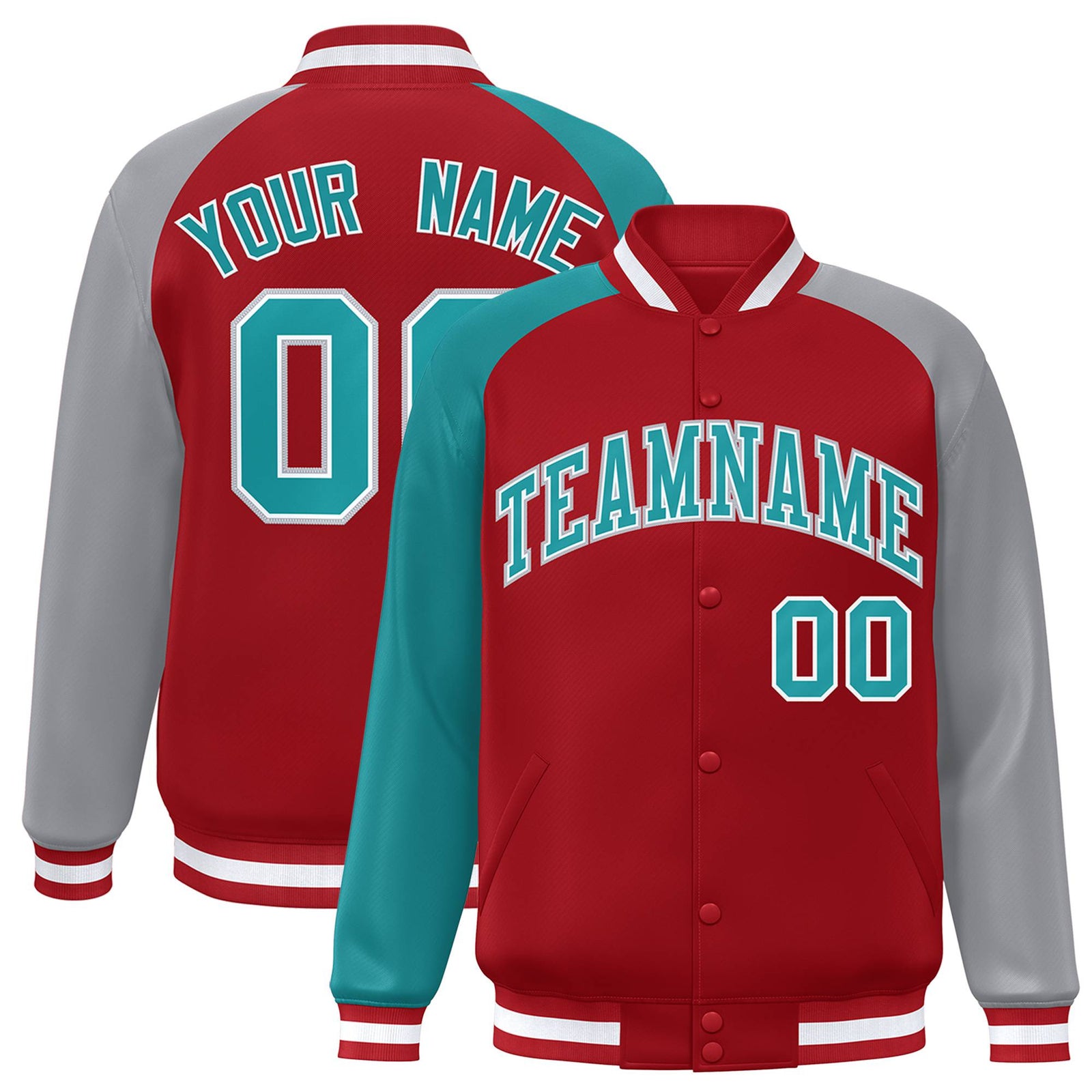 Custom Red Gray-Aqua Raglan Sleeves Varsity Full-Snap Letterman Jacket