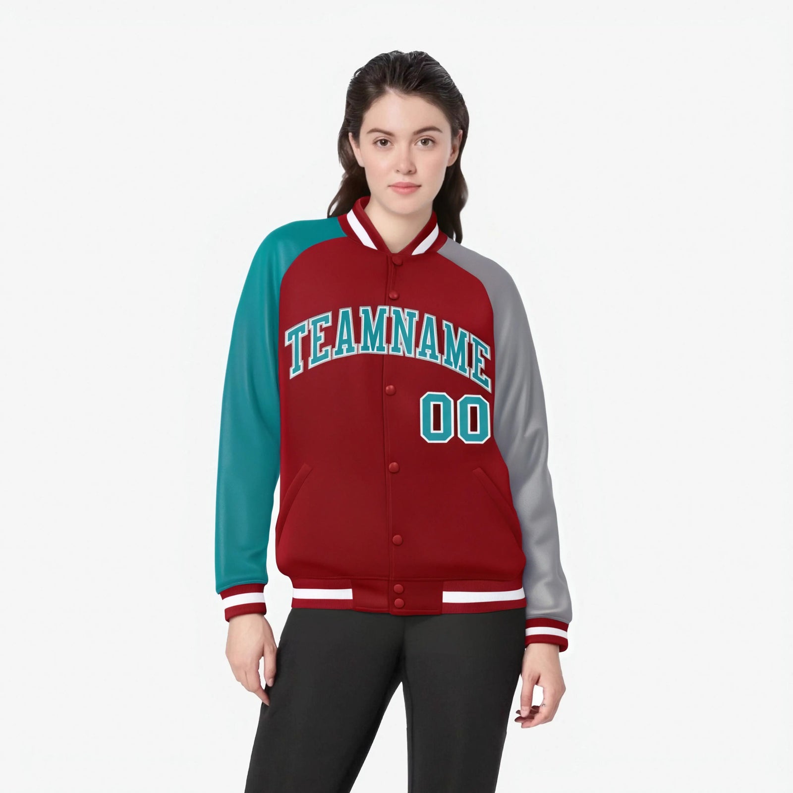 Custom Red Gray-Aqua Raglan Sleeves Varsity Full-Snap Letterman Jacket