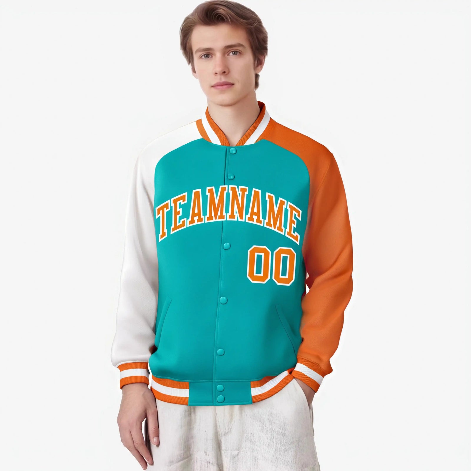 Custom Aqua Orange-White Raglan Sleeves Varsity Full-Snap Letterman Jacket