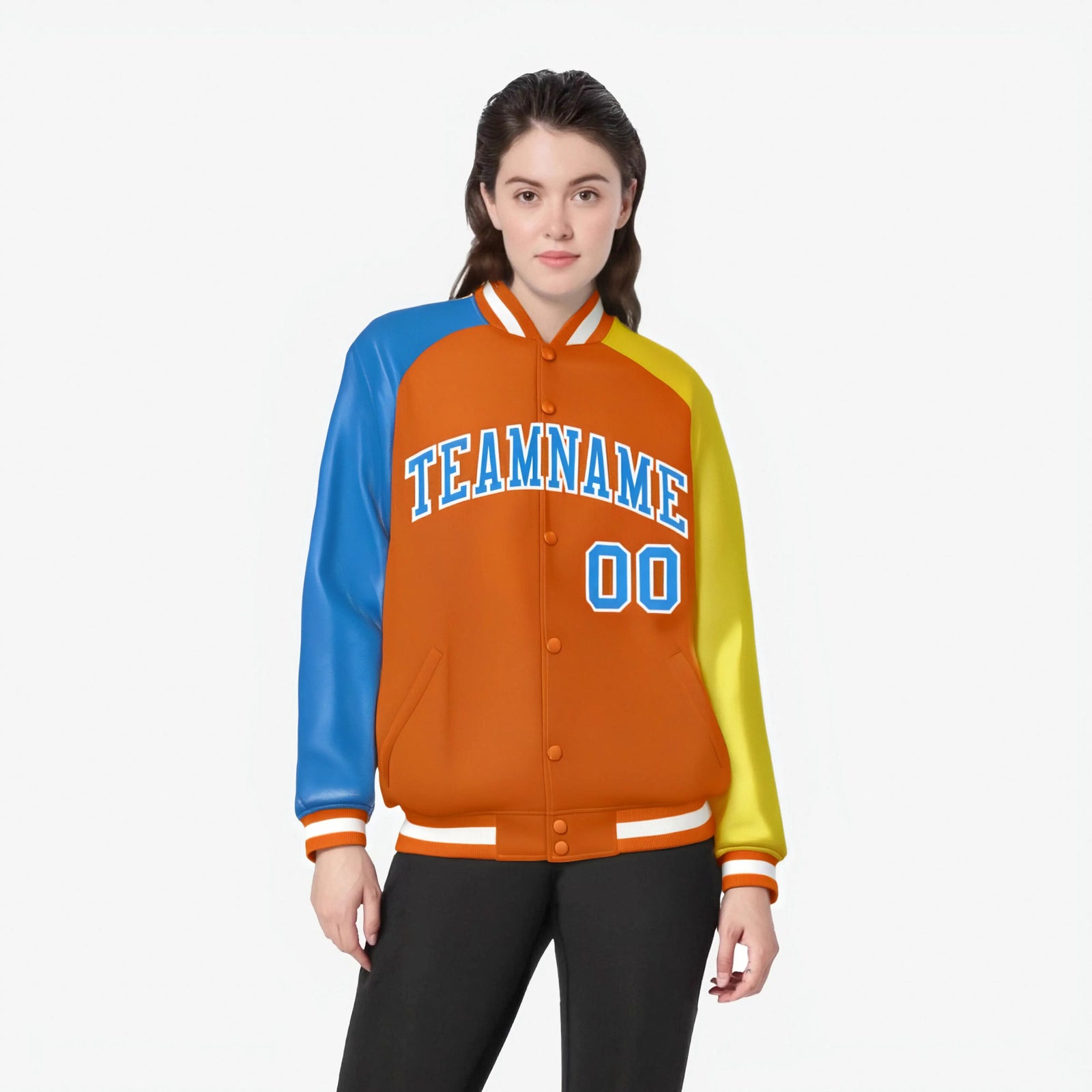 Custom Orange Gold-Powder Blue Raglan Sleeves Varsity Full-Snap Letterman Jacket