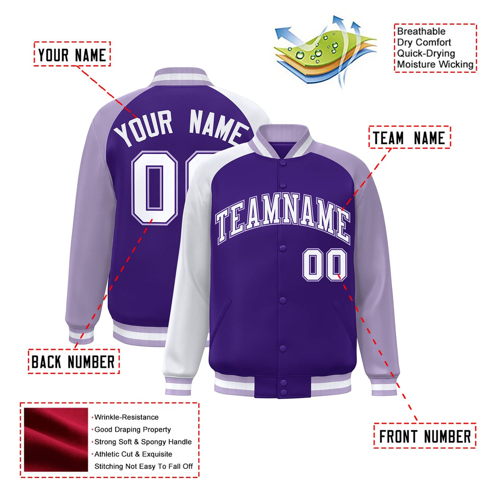 Custom Purple Light Purple-White Raglan Sleeves Varsity Full-Snap Letterman Jacket