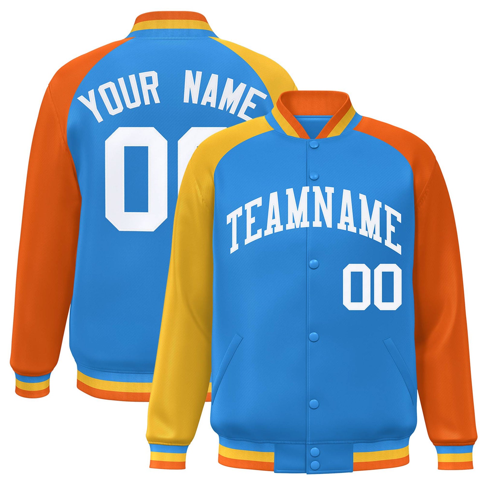 Custom Powder Blue Orange-Gold Raglan Sleeves Varsity Full-Snap Letterman Jacket