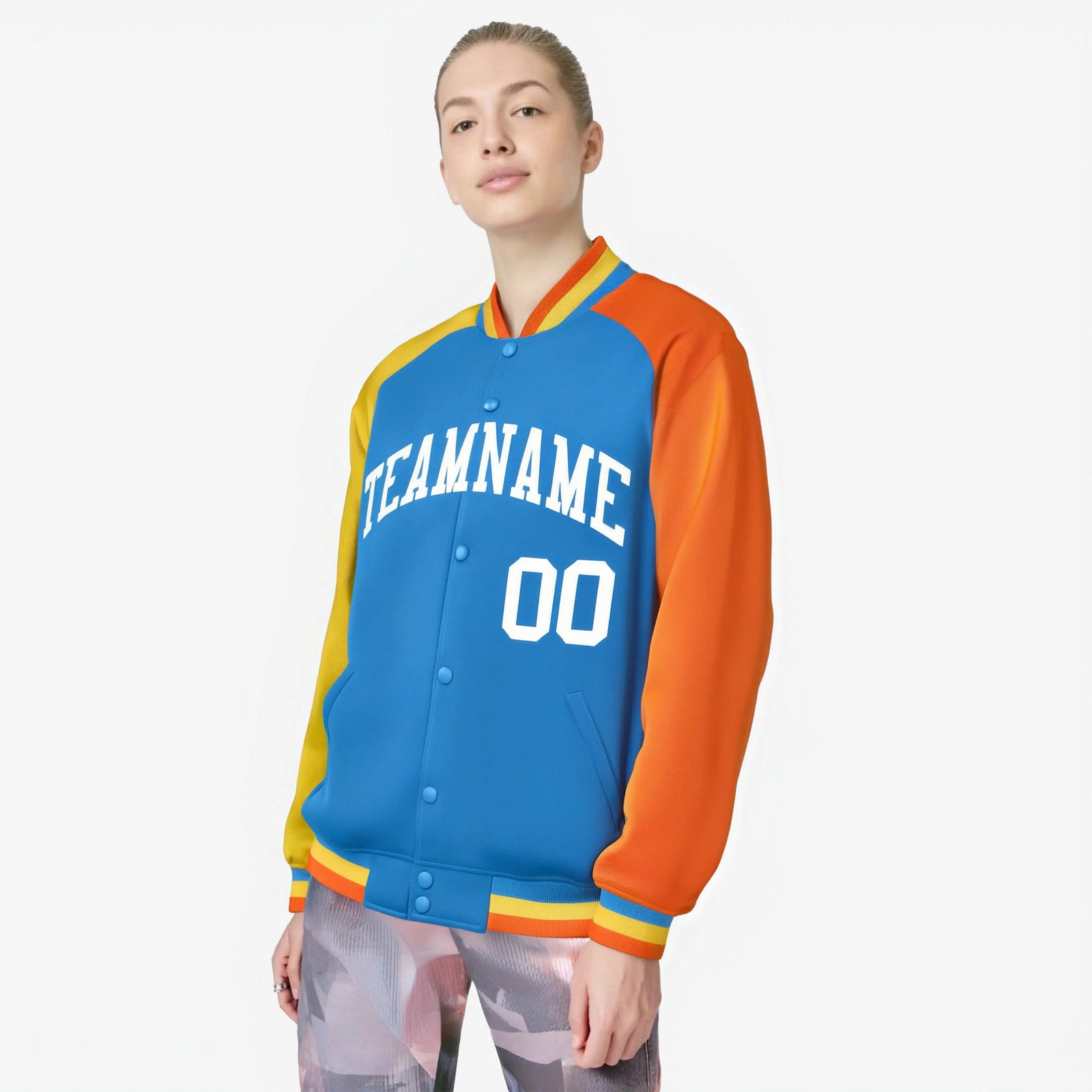 Custom Powder Blue Orange-Gold Raglan Sleeves Varsity Full-Snap Letterman Jacket