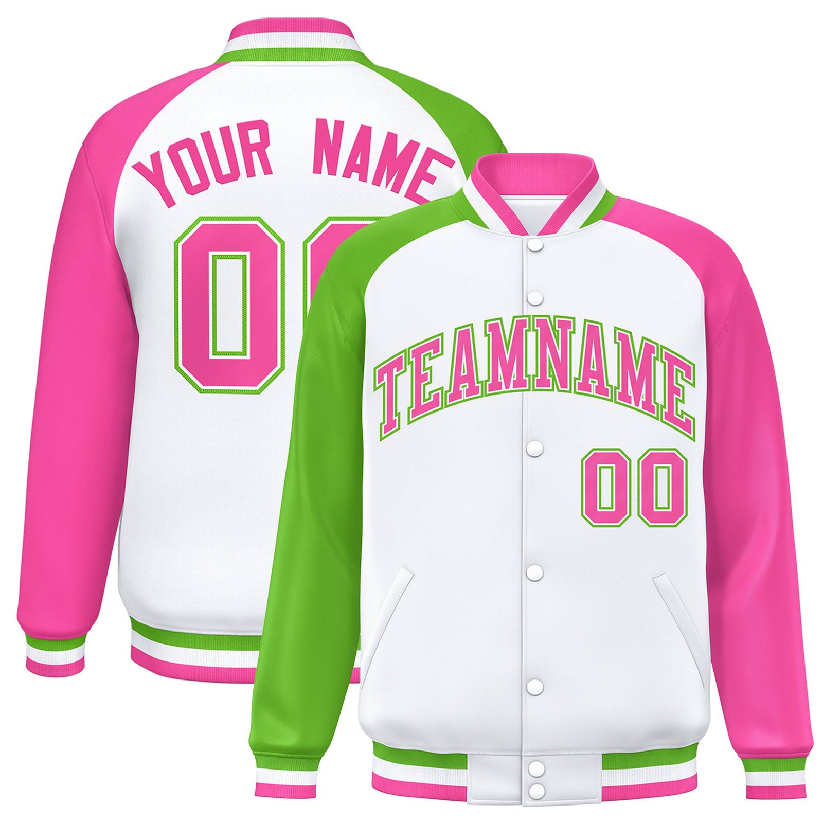 Custom White Pink-Neon Green Raglan Sleeves Varsity Full-Snap Letterman Jacket