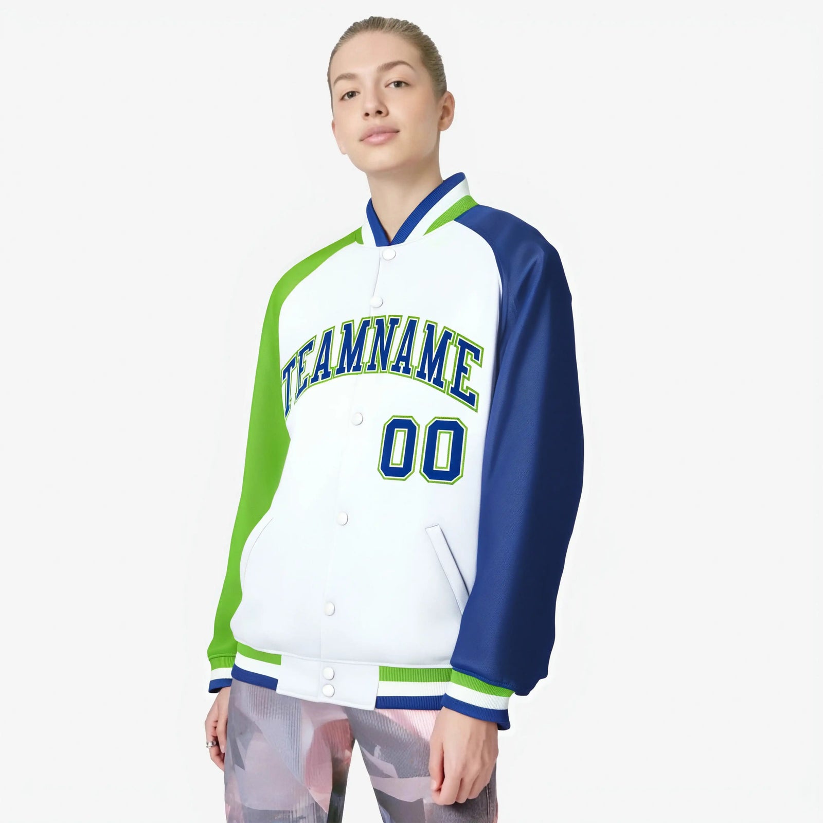 Custom White Royal Blue-Neon Green Raglan Sleeves Varsity Full-Snap Letterman Jacket