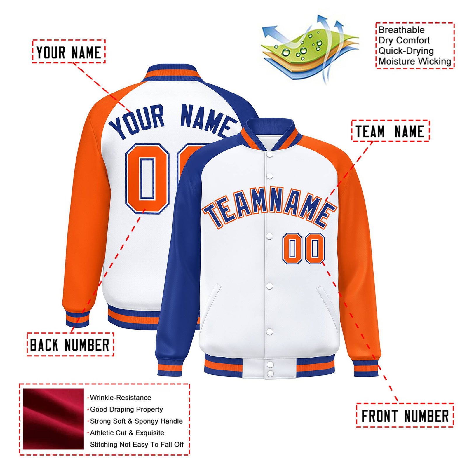 Custom White Orange-Royal Blue Raglan Sleeves Varsity Full-Snap Letterman Jacket