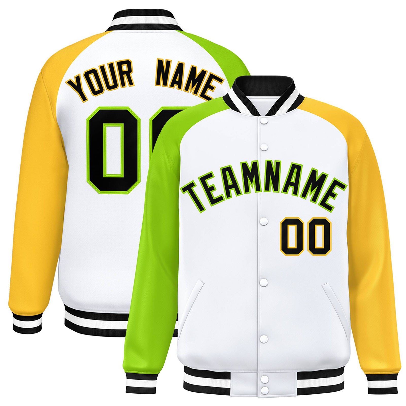 Custom White Gold-Neon Green Raglan Sleeves Varsity Full-Snap Letterman Jacket