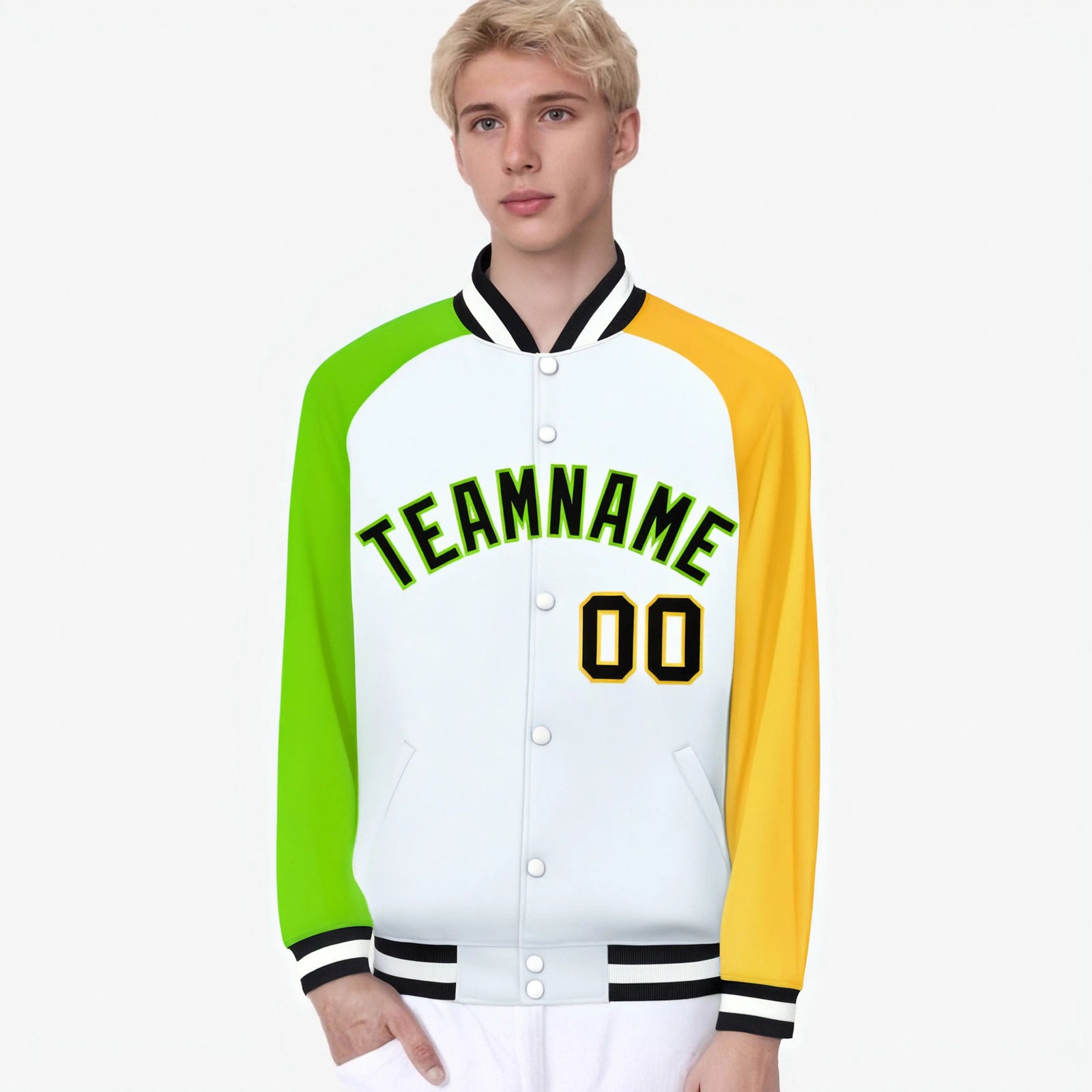 Custom White Gold-Neon Green Raglan Sleeves Varsity Full-Snap Letterman Jacket
