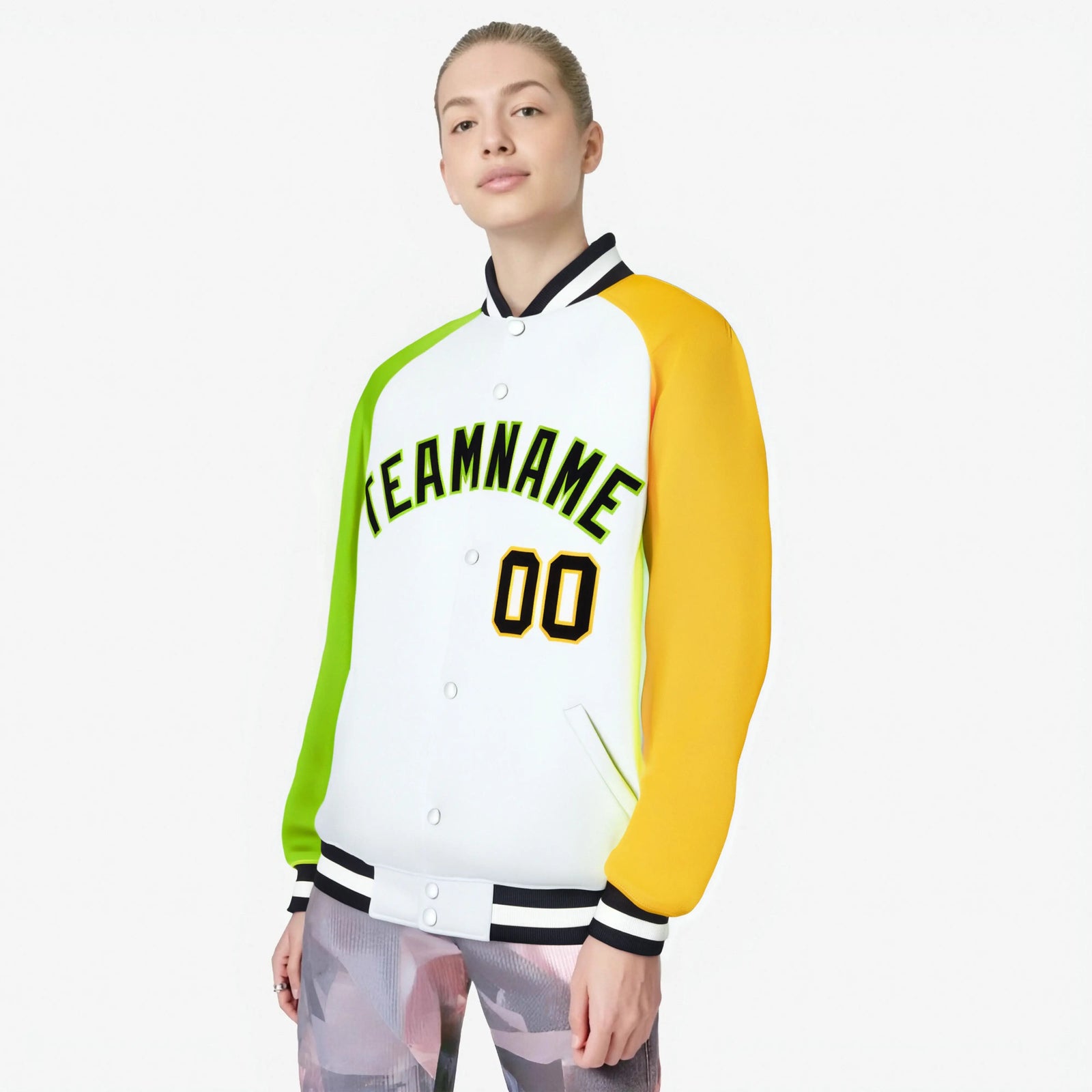 Custom White Gold-Neon Green Raglan Sleeves Varsity Full-Snap Letterman Jacket