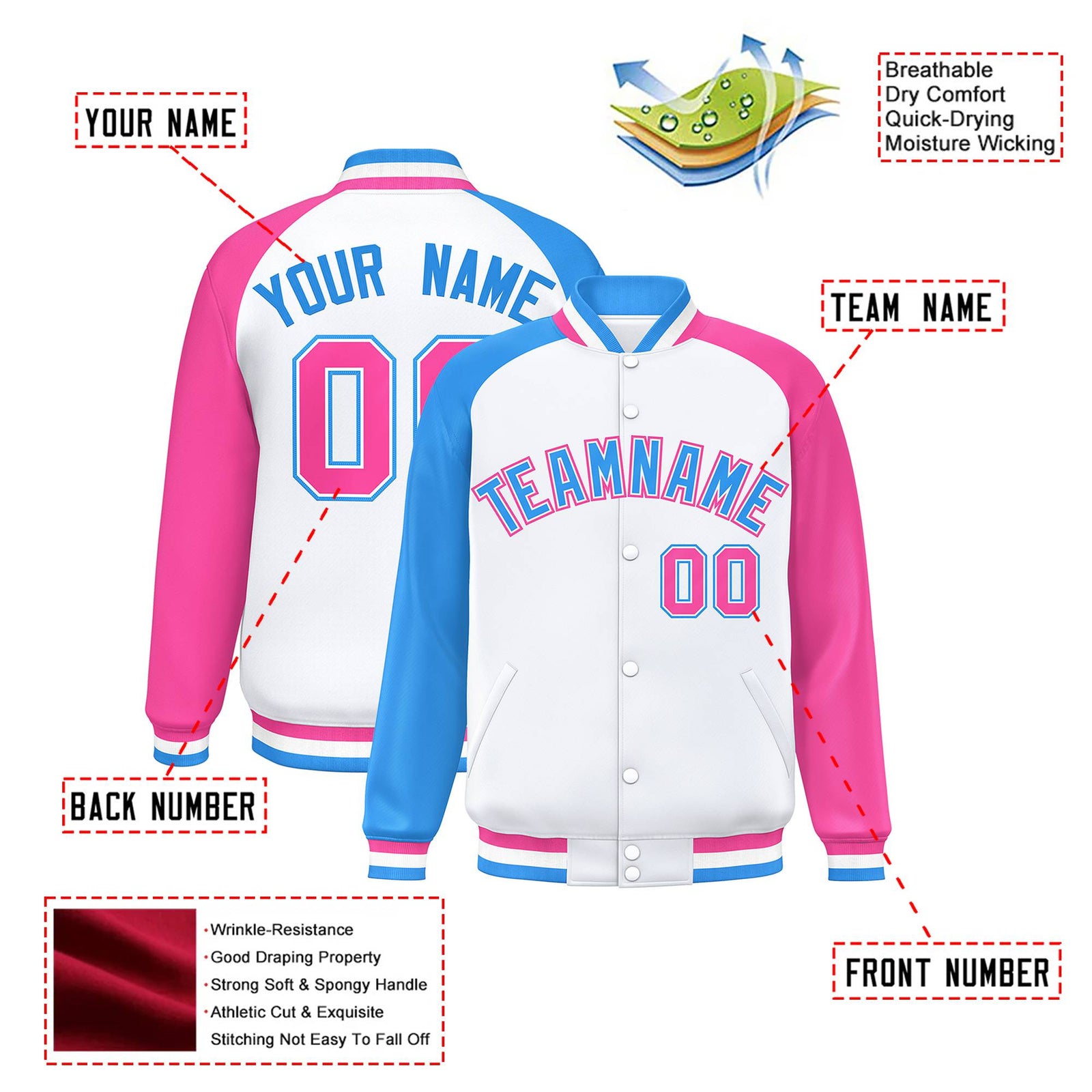 Custom White Pink-Powder Blue Raglan Sleeves Varsity Full-Snap Letterman Jacket