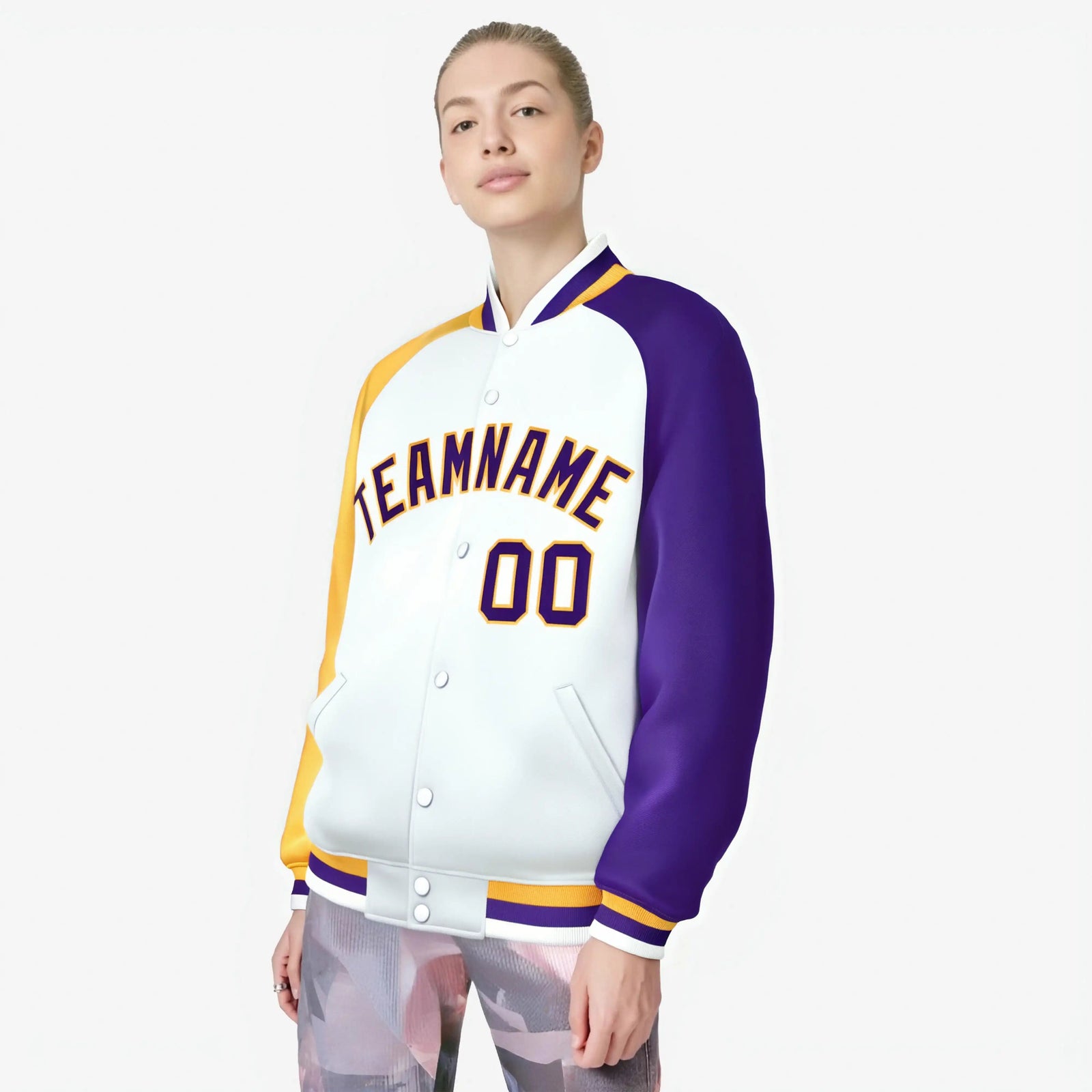 Custom White Purple-Gold Raglan Sleeves Varsity Full-Snap Letterman Jacket