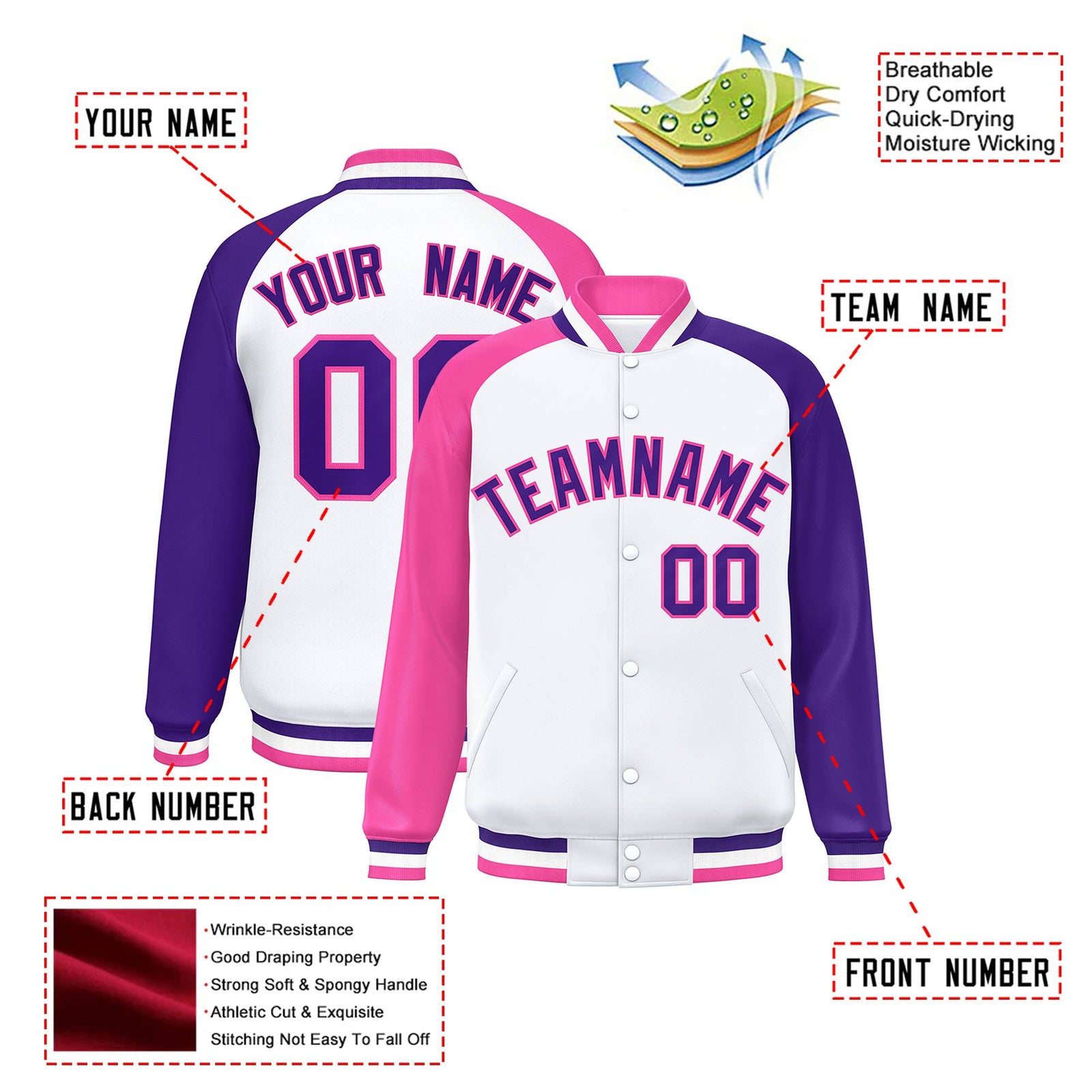 Custom White Purple-Pink Raglan Sleeves Varsity Full-Snap Letterman Jacket