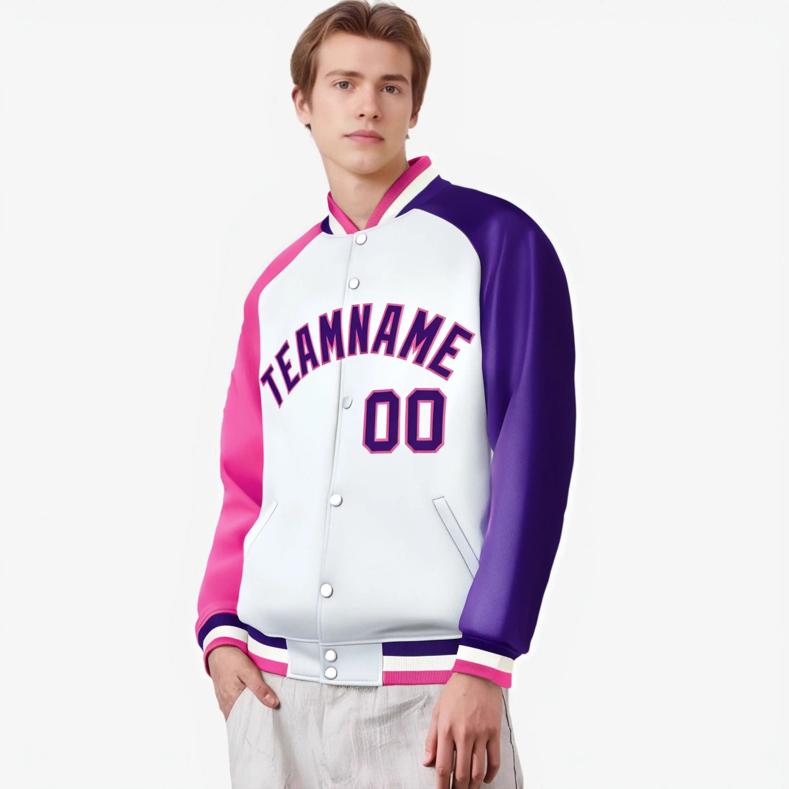 Custom White Purple-Pink Raglan Sleeves Varsity Full-Snap Letterman Jacket
