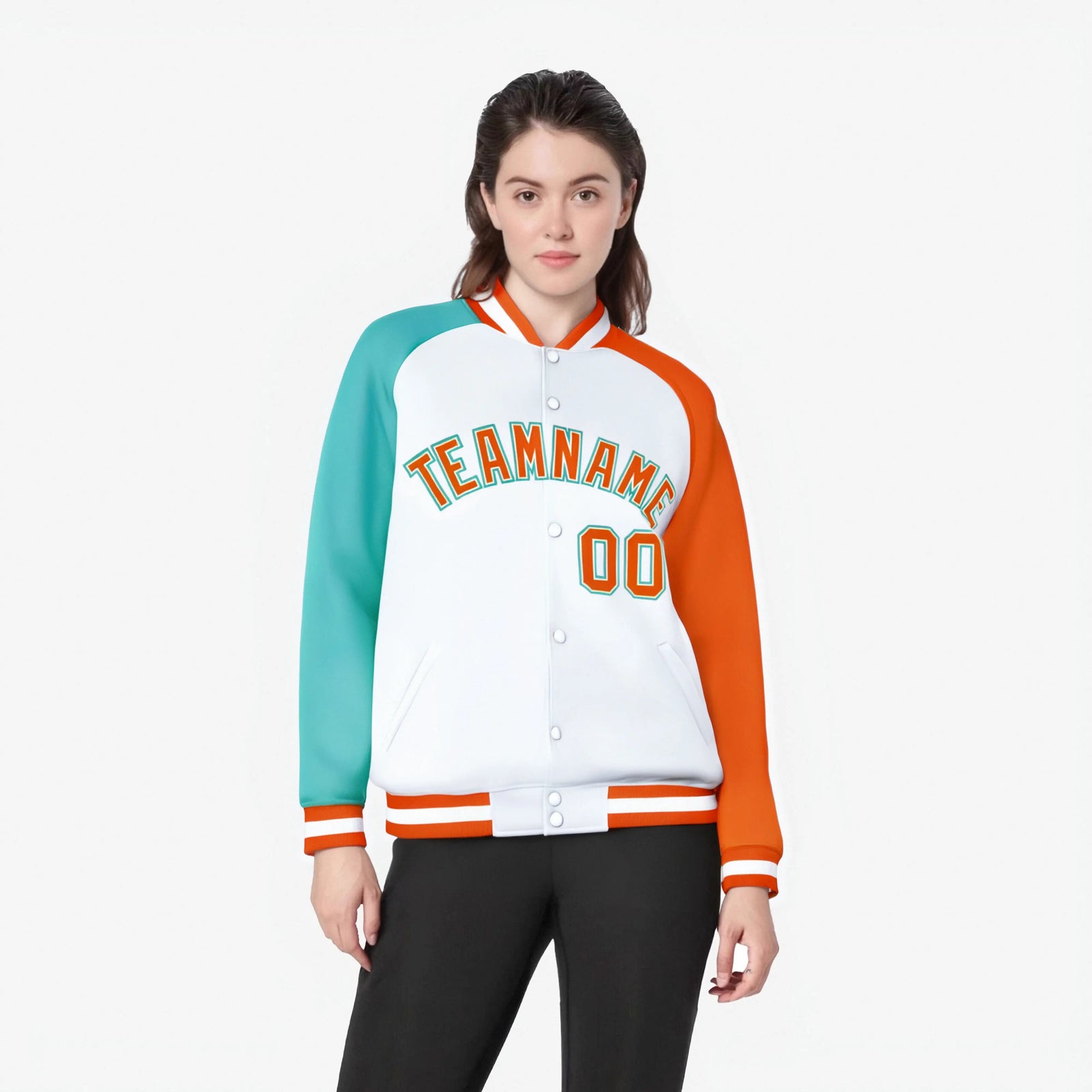 Custom White Orange-Aqua Raglan Sleeves Varsity Full-Snap Letterman Jacket