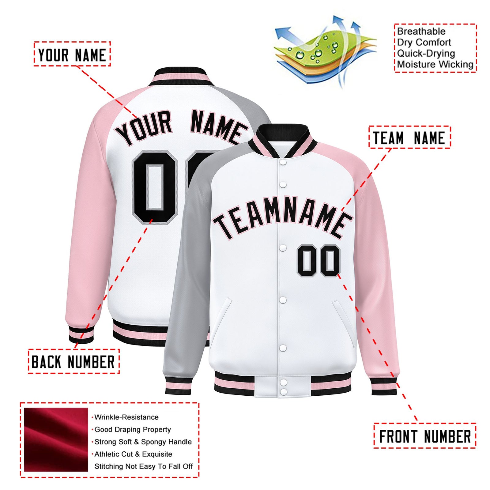 Custom White Pink-Gray Raglan Sleeves Varsity Full-Snap Letterman Jacket