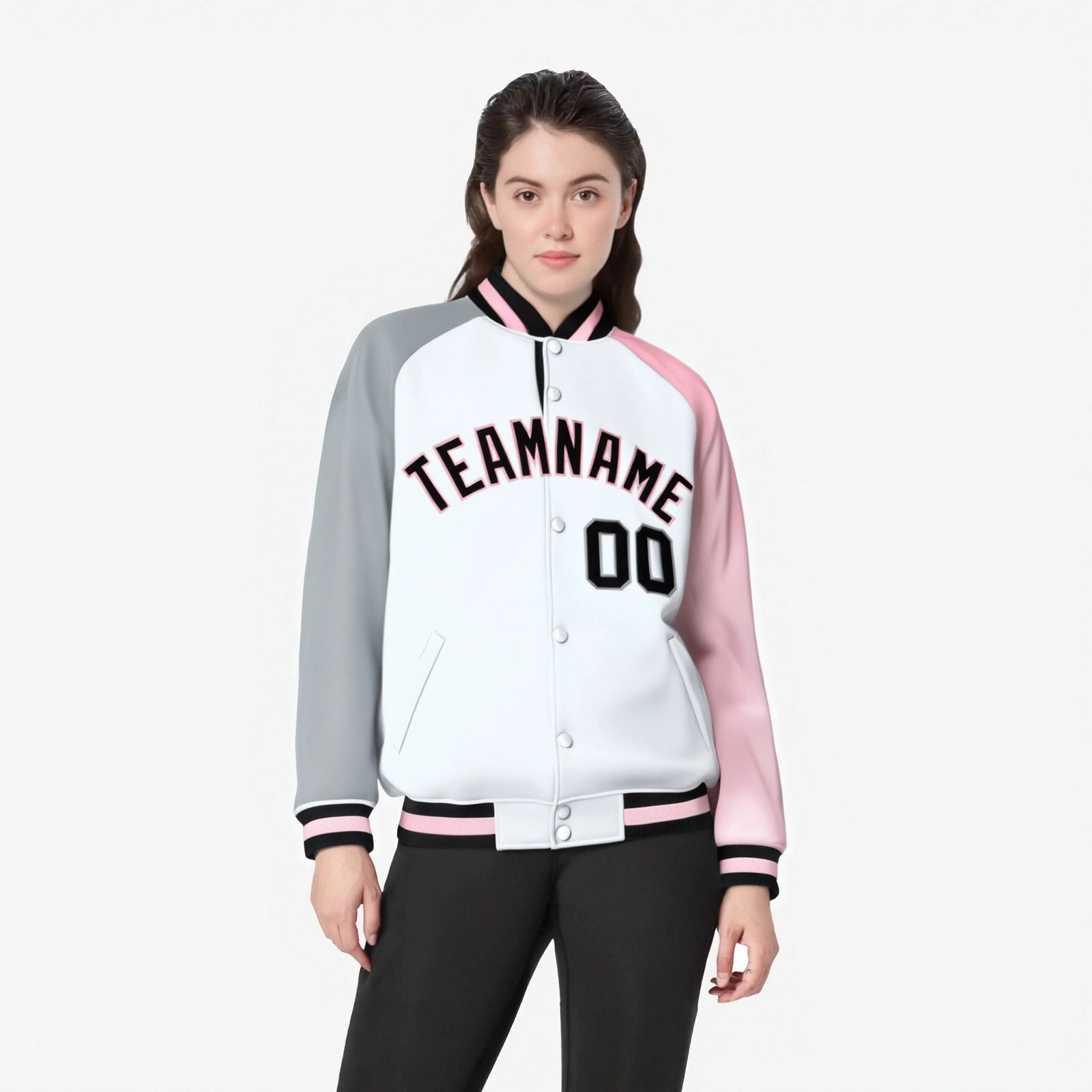 Custom White Pink-Gray Raglan Sleeves Varsity Full-Snap Letterman Jacket