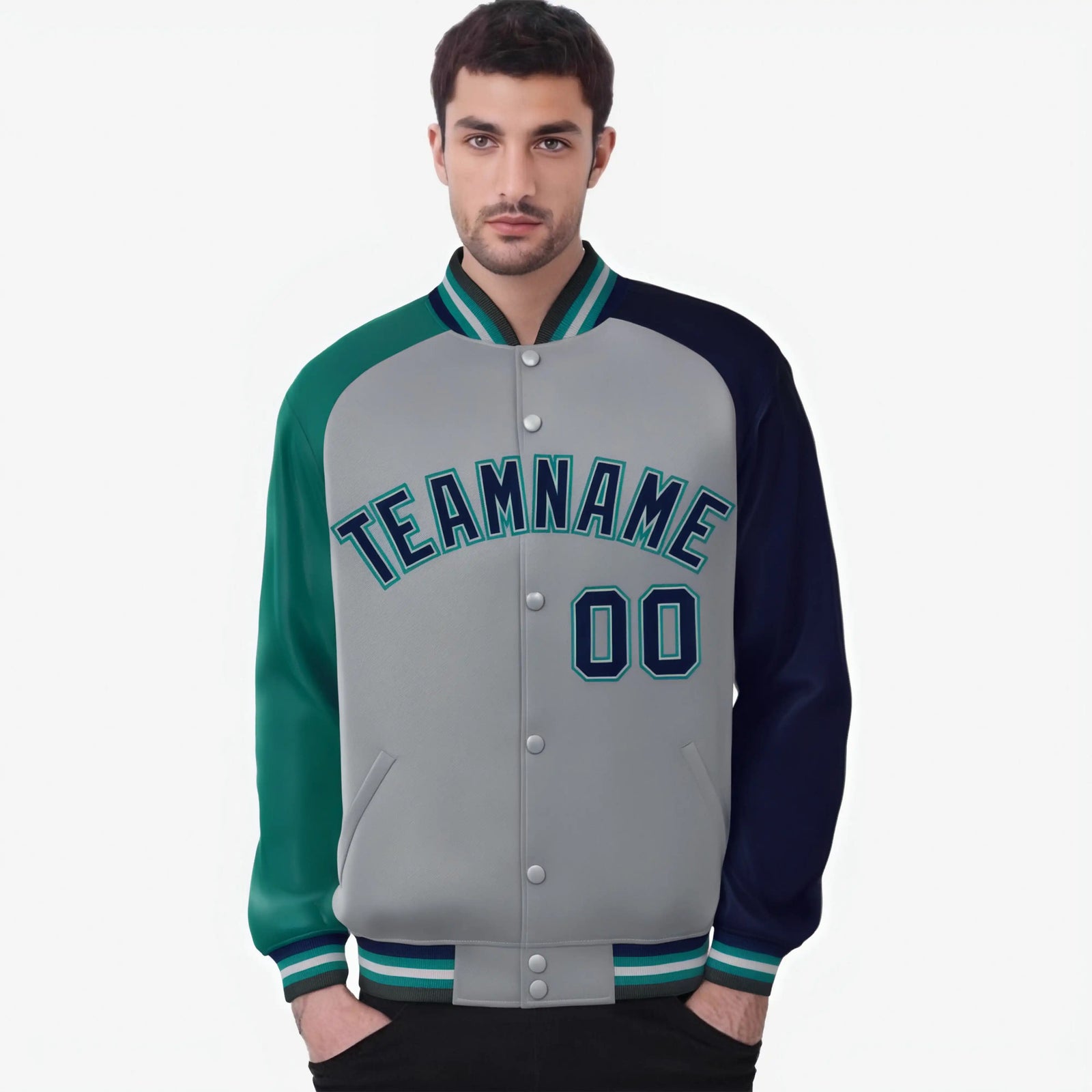 Custom Gray Navy-Aqua Raglan Sleeves Varsity Full-Snap Letterman Jacket