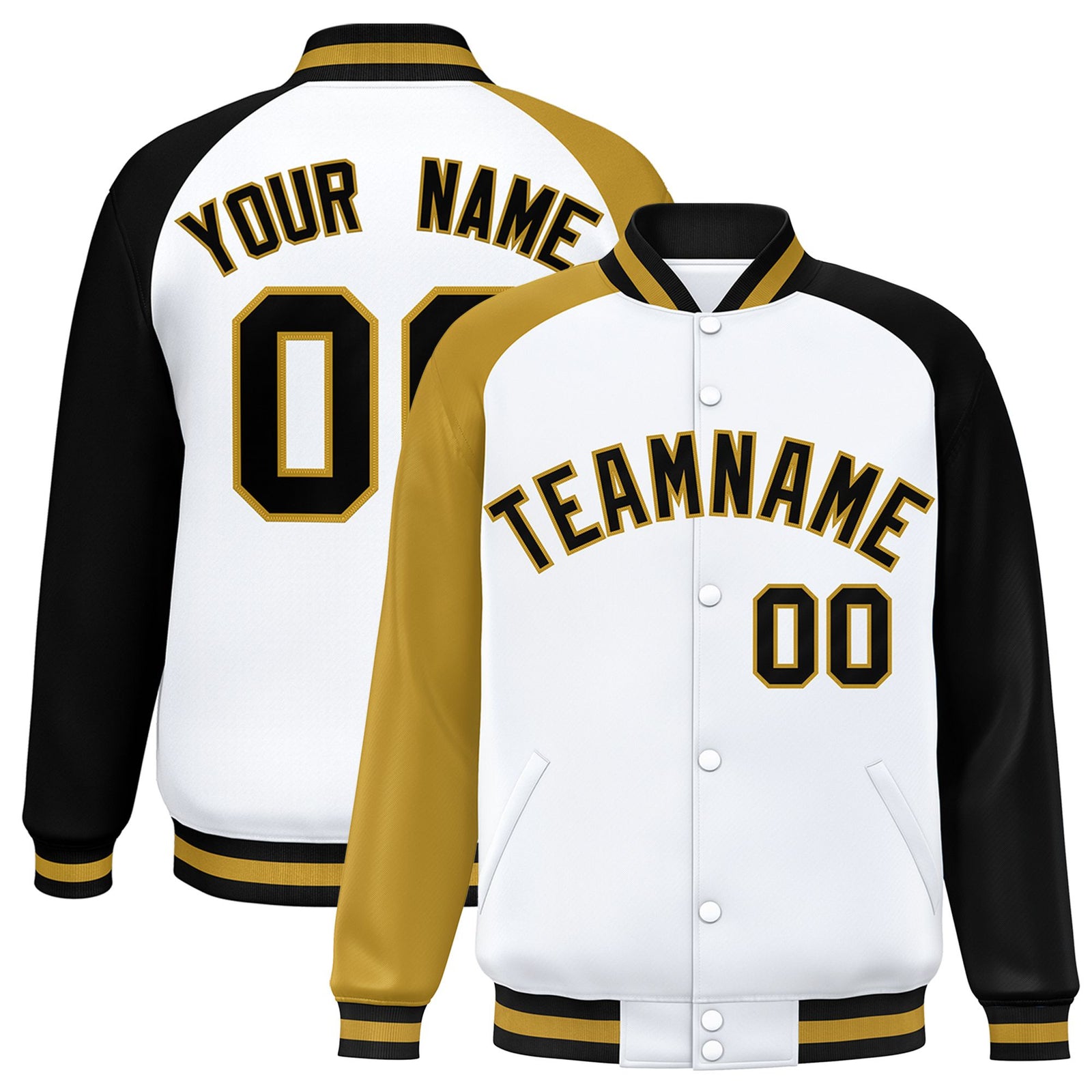 Custom White Black-Old Gold Raglan Sleeves Varsity Full-Snap Letterman Jacket
