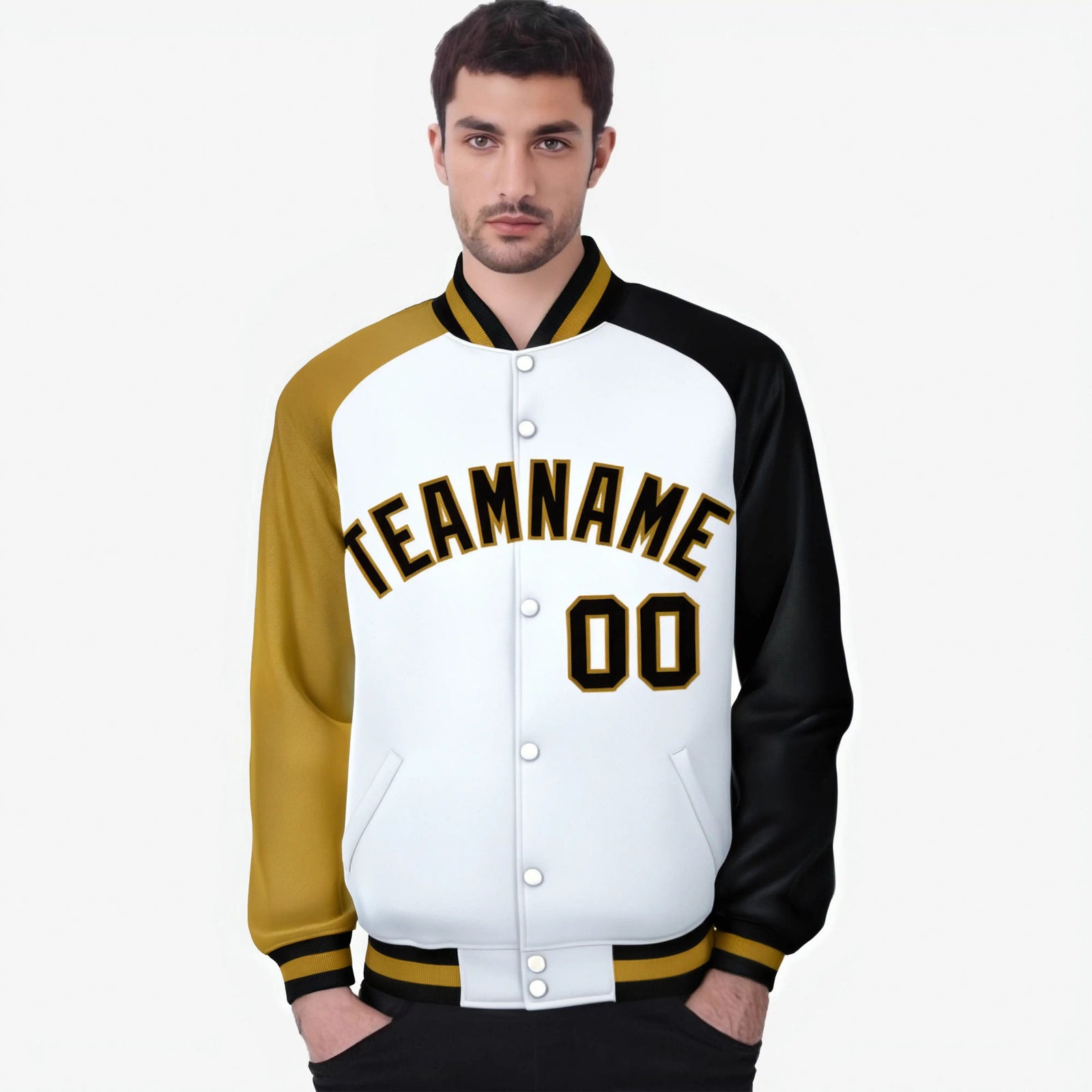 Custom White Black-Old Gold Raglan Sleeves Varsity Full-Snap Letterman Jacket