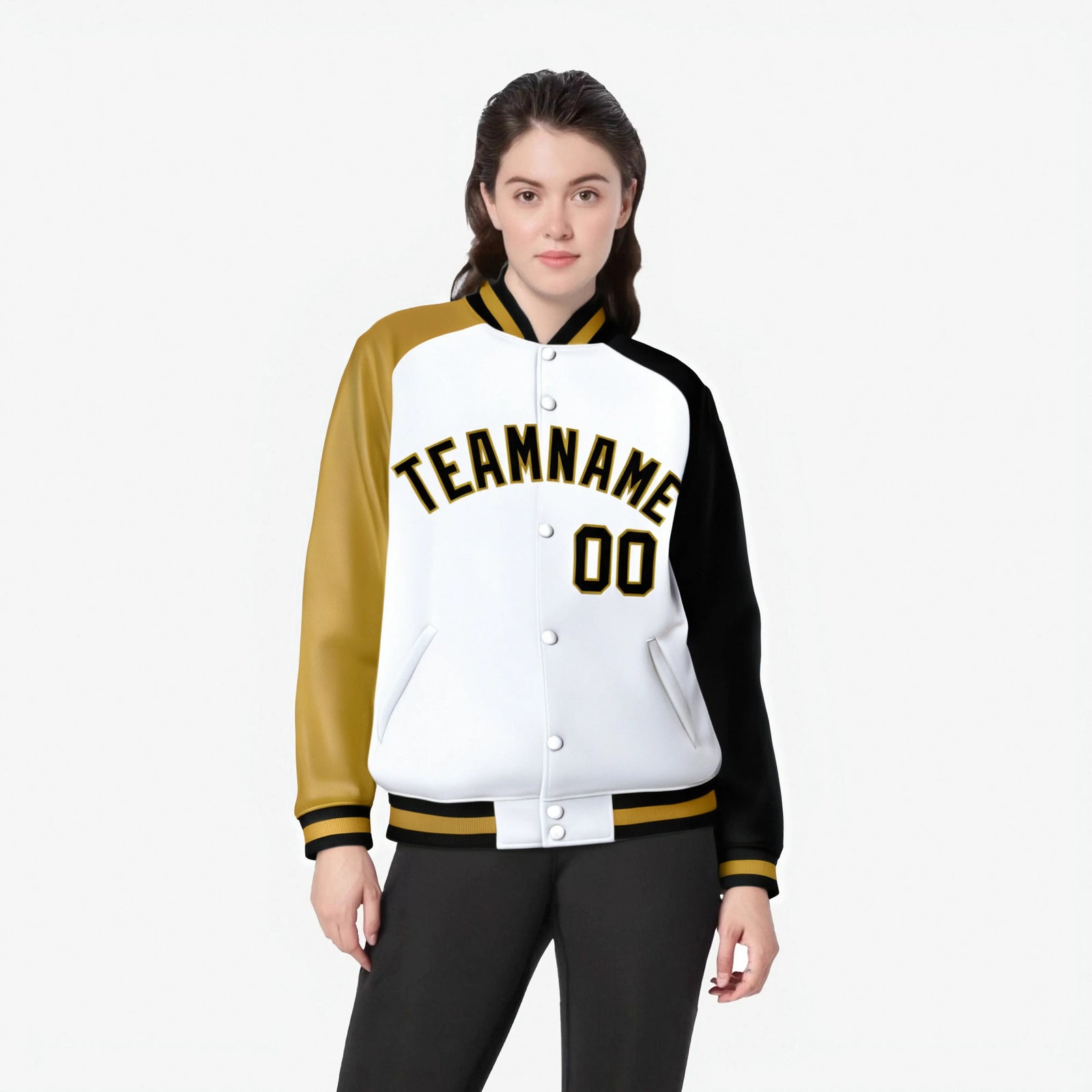Custom White Black-Old Gold Raglan Sleeves Varsity Full-Snap Letterman Jacket