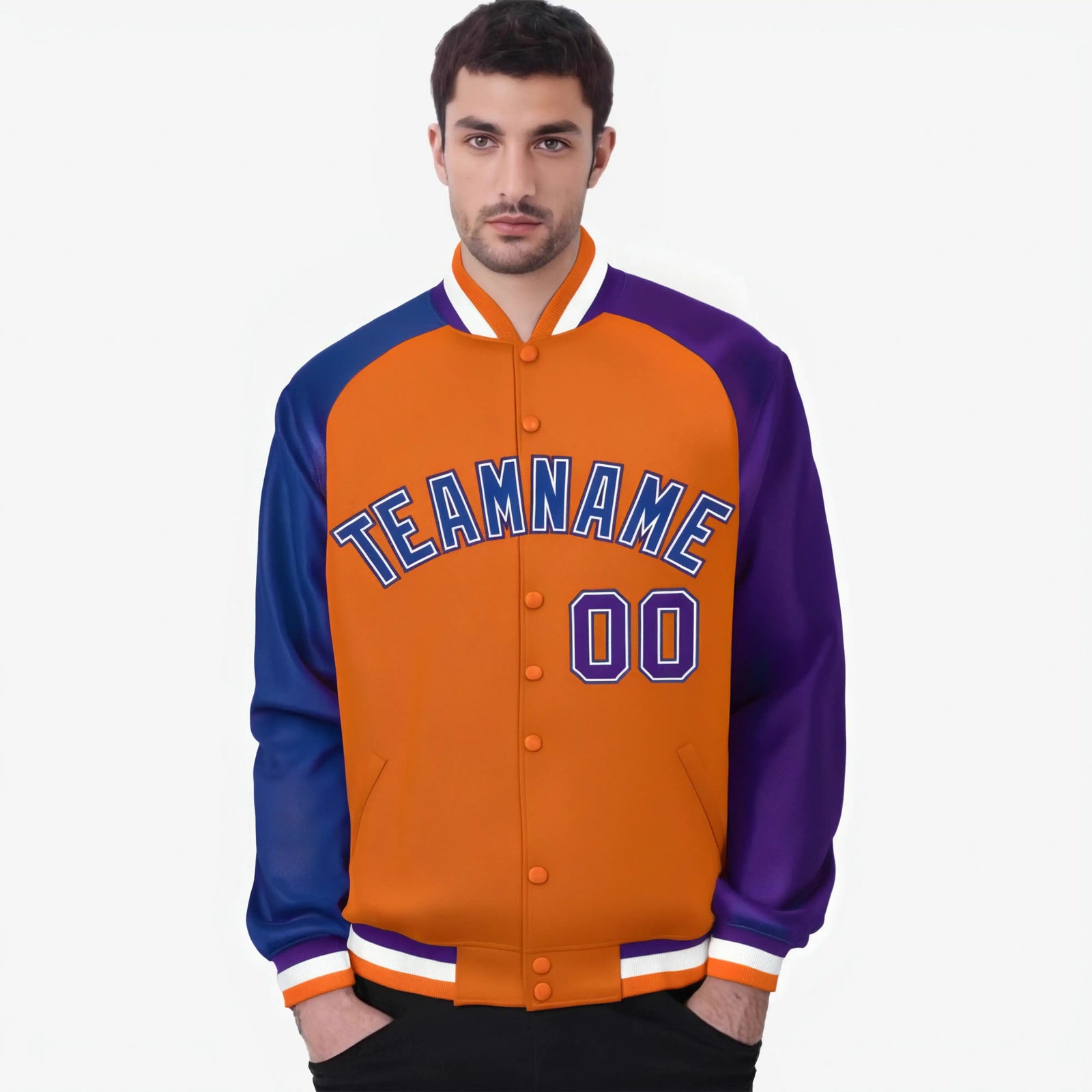 Custom Orange Purple-Royal Blue Raglan Sleeves Varsity Full-Snap Letterman Jacket