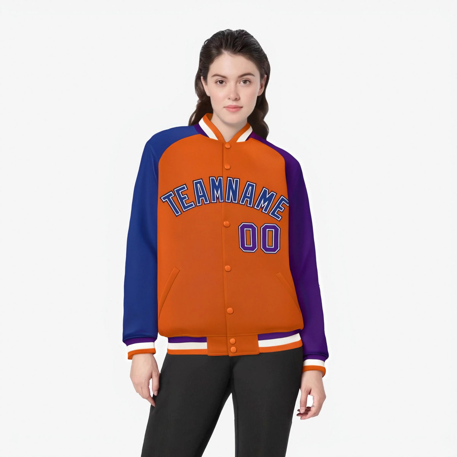 Custom Orange Purple-Royal Blue Raglan Sleeves Varsity Full-Snap Letterman Jacket