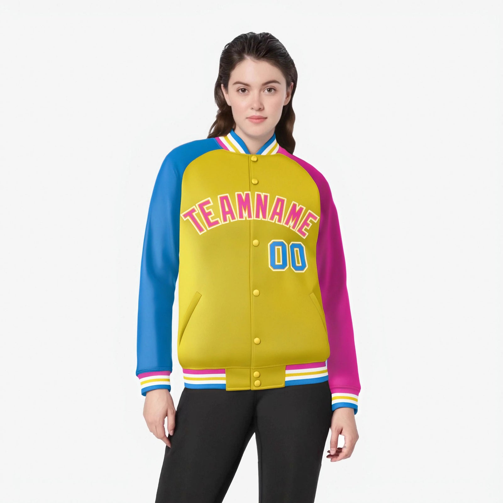 Custom Gold Pink-Powder Blue Raglan Sleeves Varsity Full-Snap Letterman Jacket