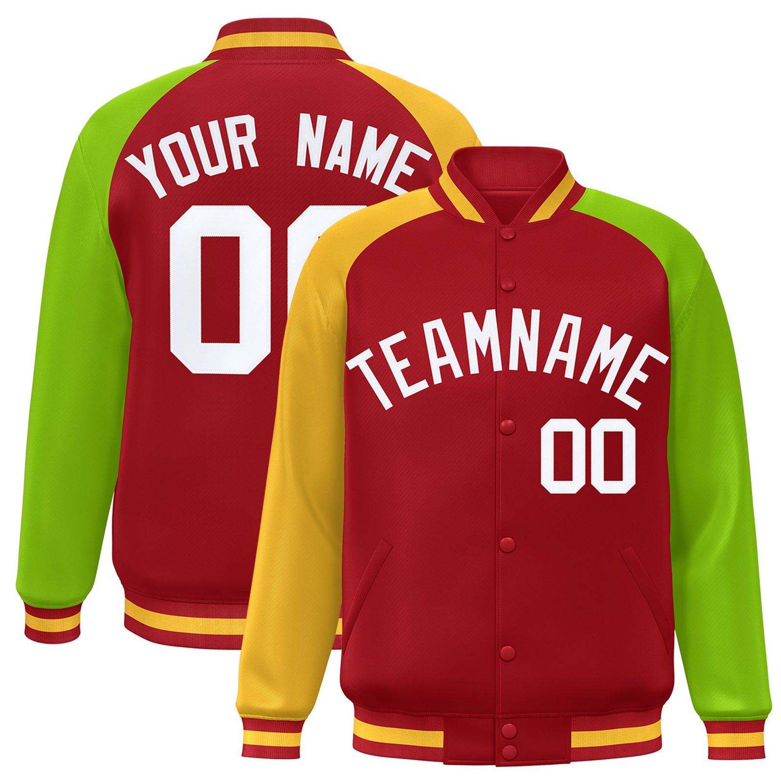 Custom Red Neon Green-Gold Raglan Sleeves Varsity Full-Snap Letterman Jacket