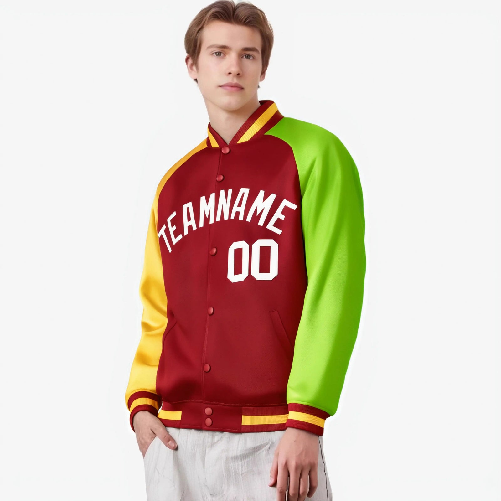 Custom Red Neon Green-Gold Raglan Sleeves Varsity Full-Snap Letterman Jacket