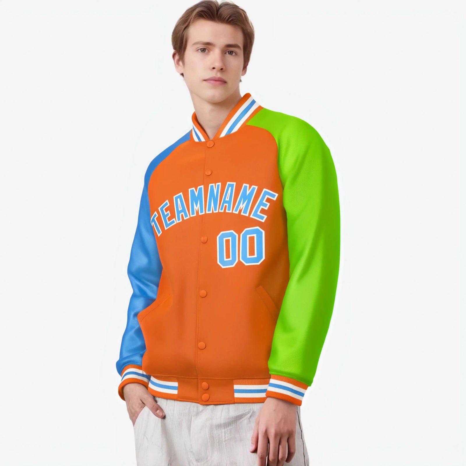 Custom Orange Neon Green-Powder Blue Raglan Sleeves Varsity Full-Snap Letterman Jacket
