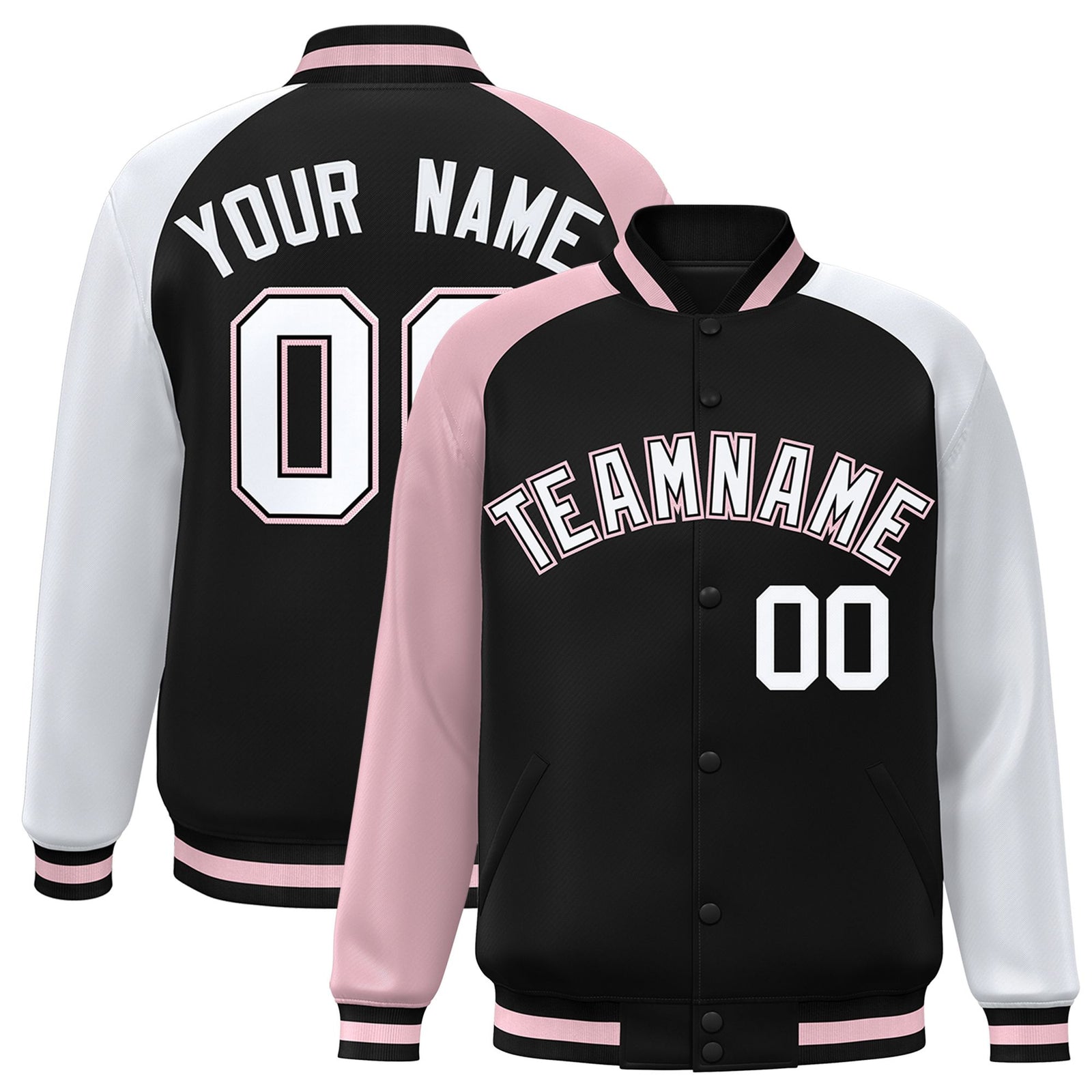 Custom Black White-Pink Raglan Sleeves Varsity Full-Snap Letterman Jacket