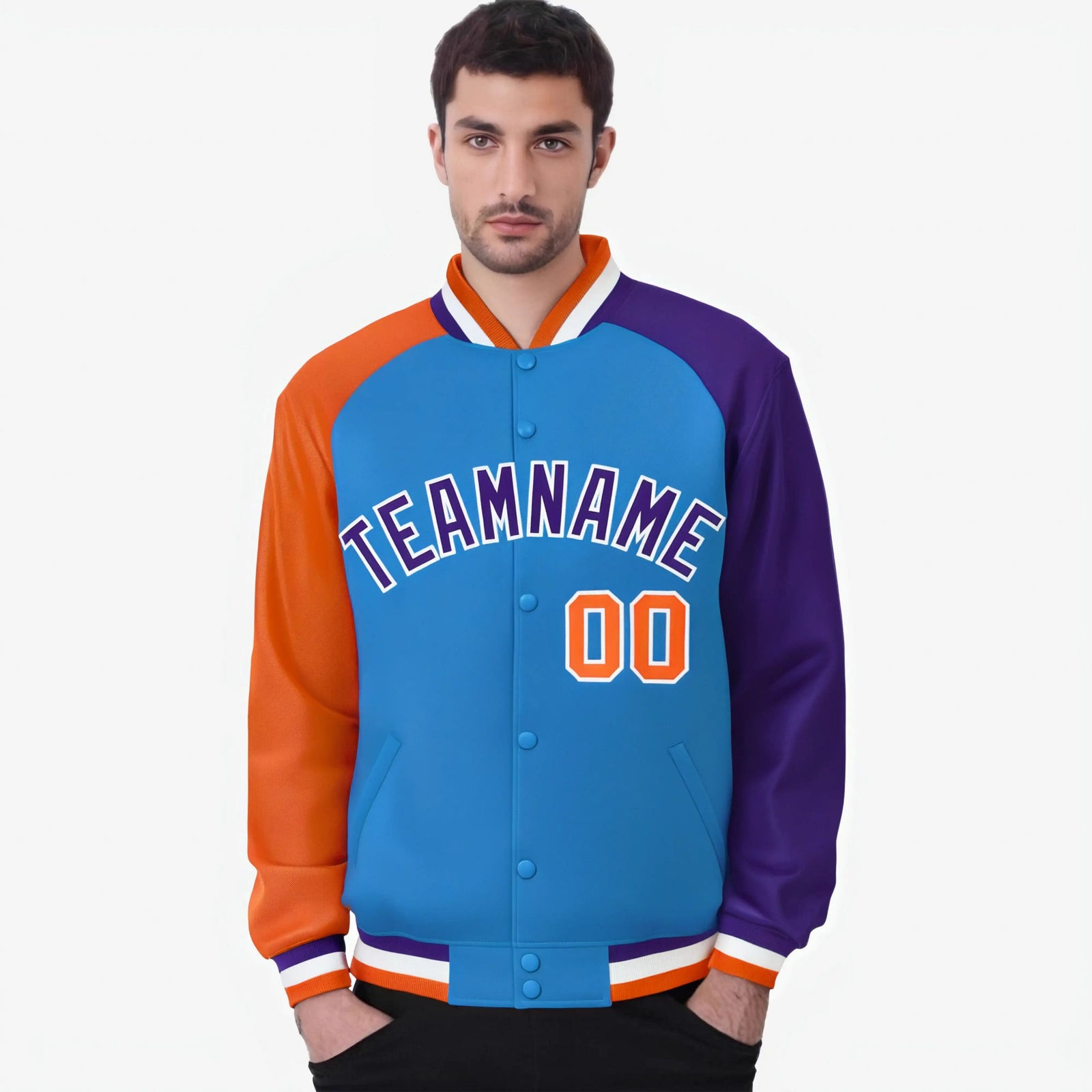 Custom Powder Blue Purple-Orange Raglan Sleeves Varsity Full-Snap Letterman Jacket