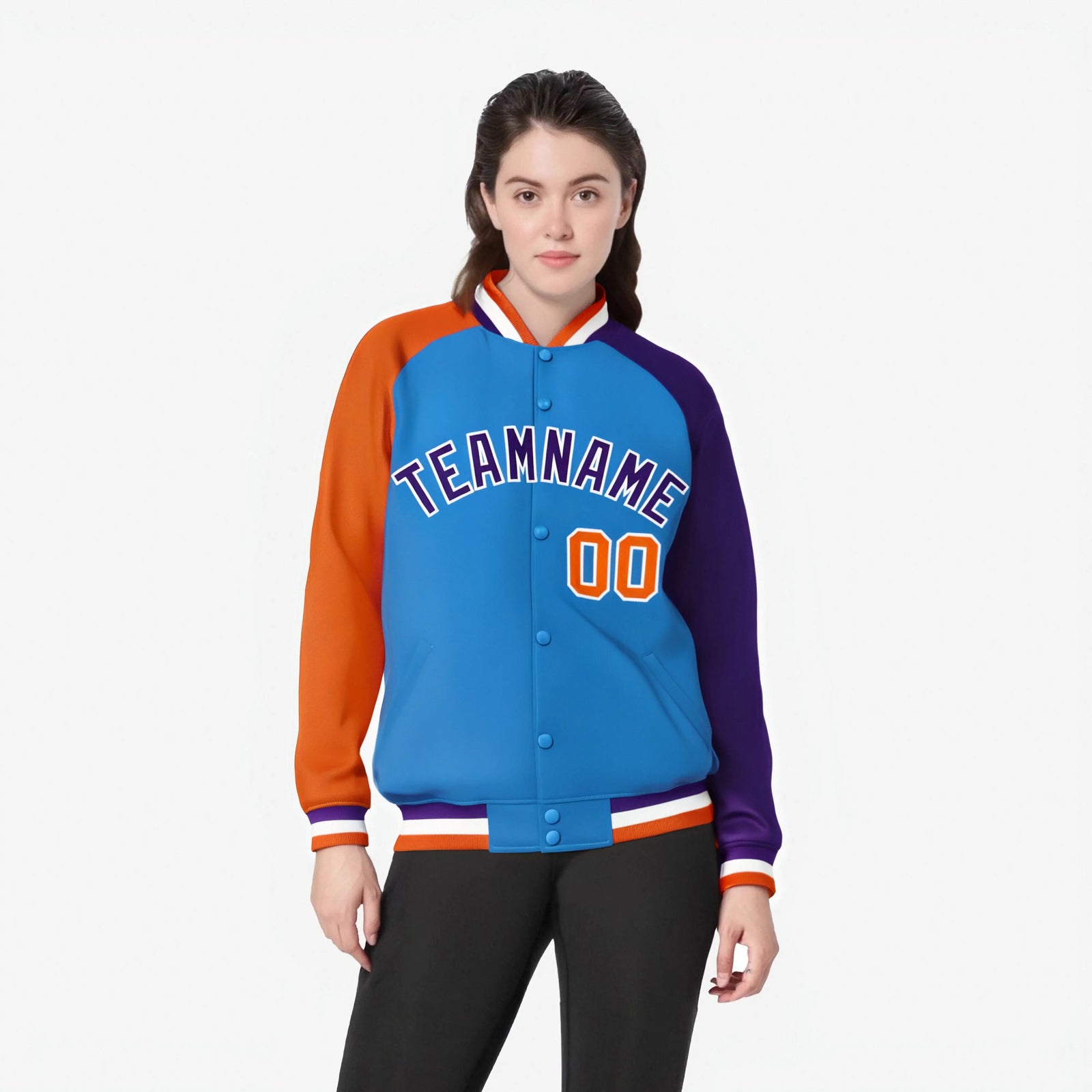 Custom Powder Blue Purple-Orange Raglan Sleeves Varsity Full-Snap Letterman Jacket