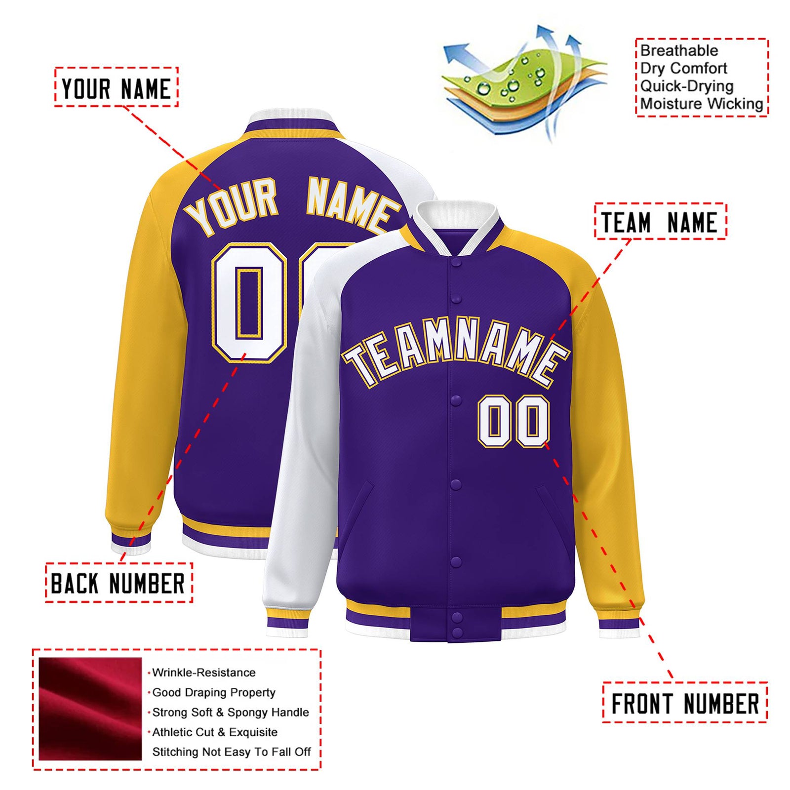 Custom Purple Gold-White Raglan Sleeves Varsity Full-Snap Letterman Jacket