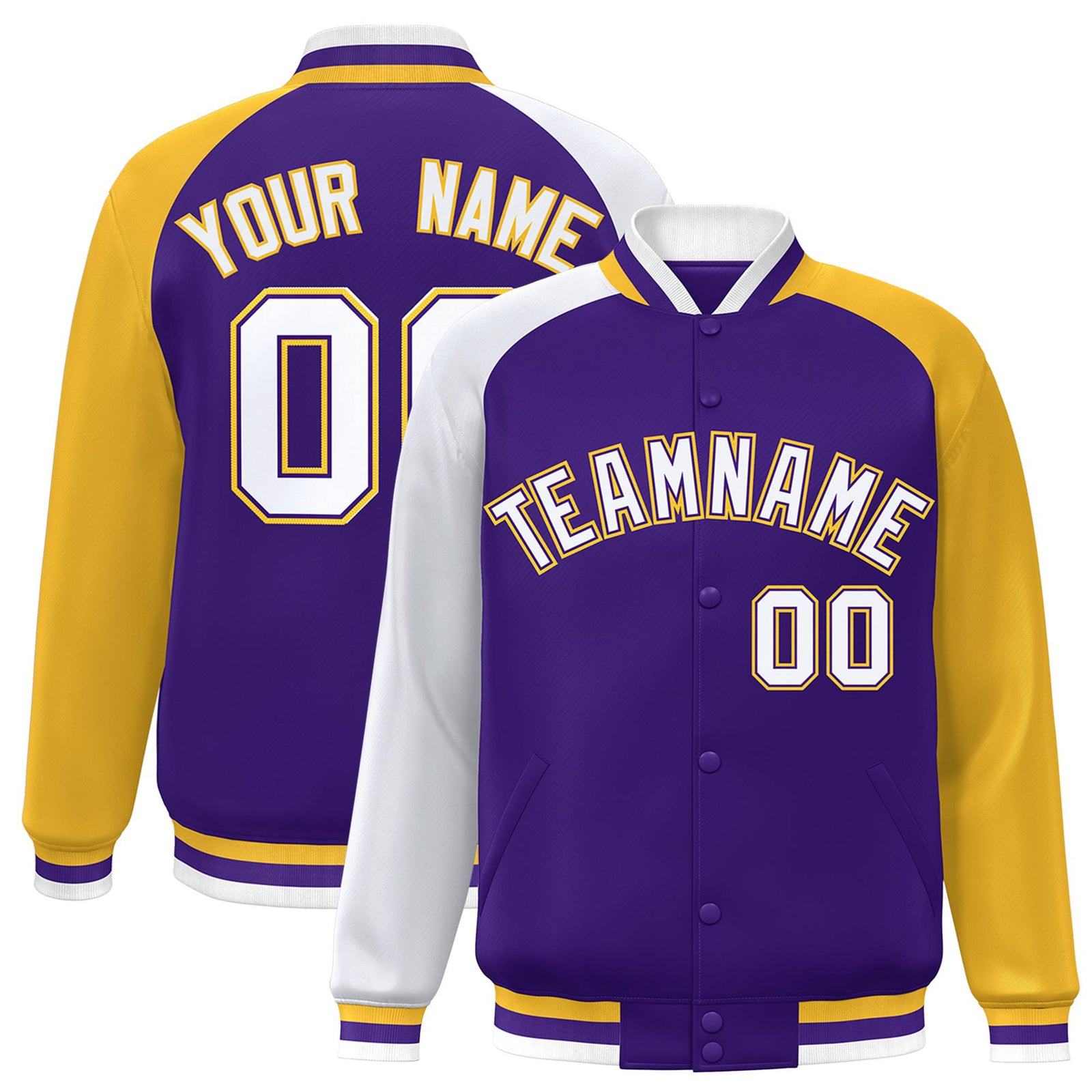 Custom Purple Gold-White Raglan Sleeves Varsity Full-Snap Letterman Jacket