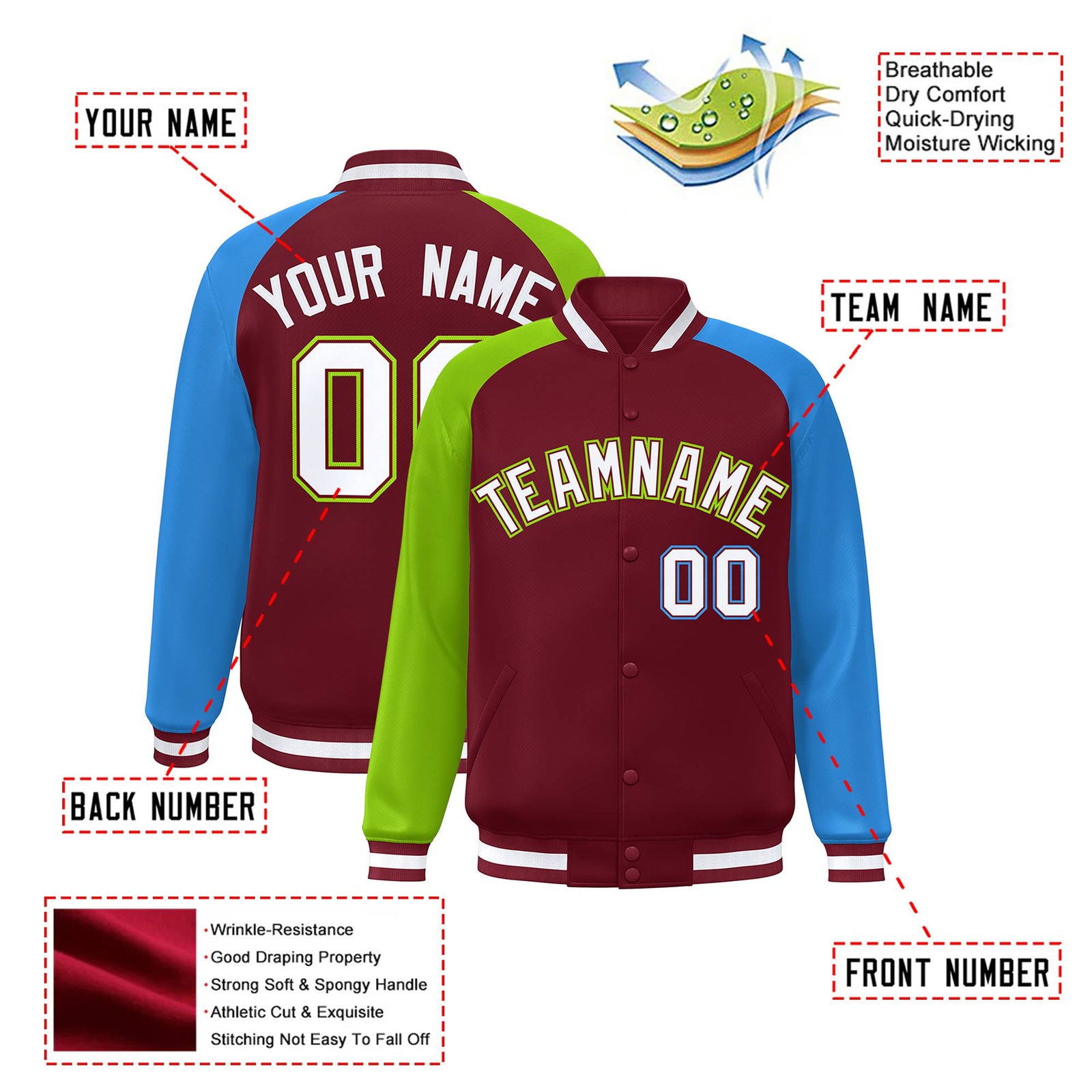 Custom Crimson Neon Green-Powder Blue Raglan Sleeves Varsity Full-Snap Letterman Jacket